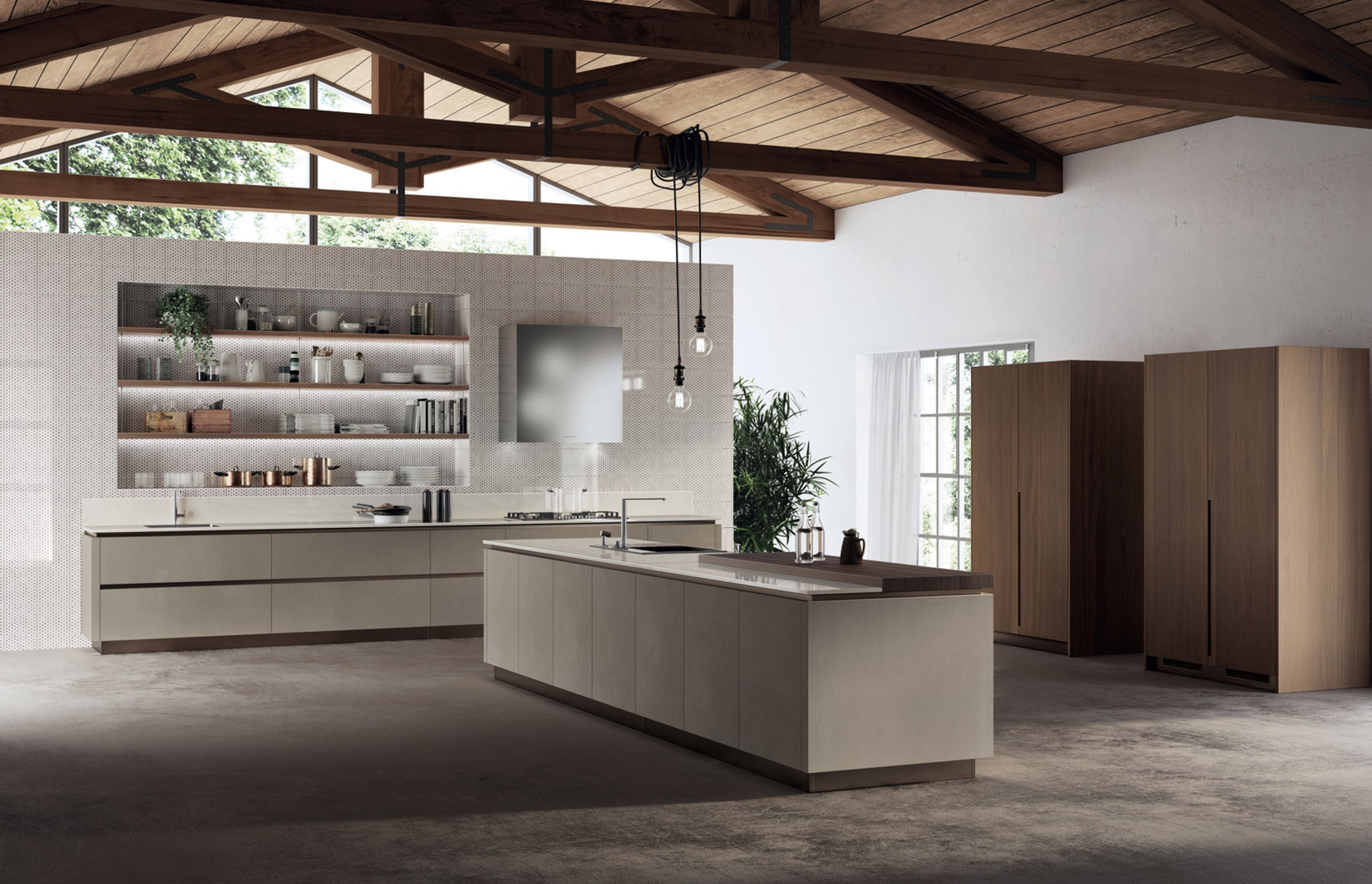 Two separate areas dedicated to washing are the distinguishing features of this confguration of the LiberaMente model, with Delhi Clay Biomalta doors (22 mm thick) – the same material is also available for the side facing panels –, while the recessed grip profles and plinths are in the stylish Bronze-finish.