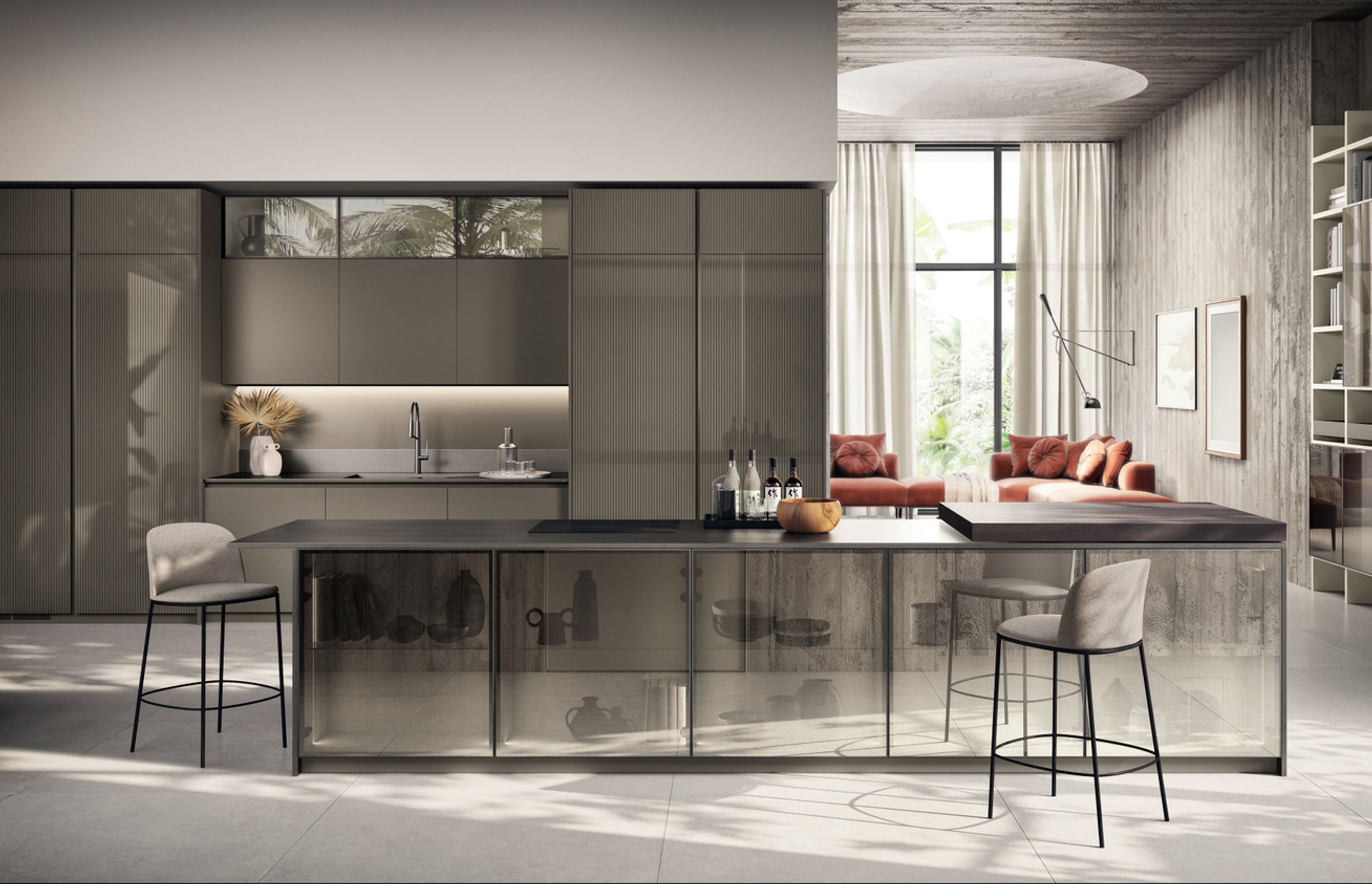 Cuvée pearl-effect matt lacquered and glossy lacquered slat door; Round horizontal and vertical recessed grip profile matt lacquered in the same colour as the door.