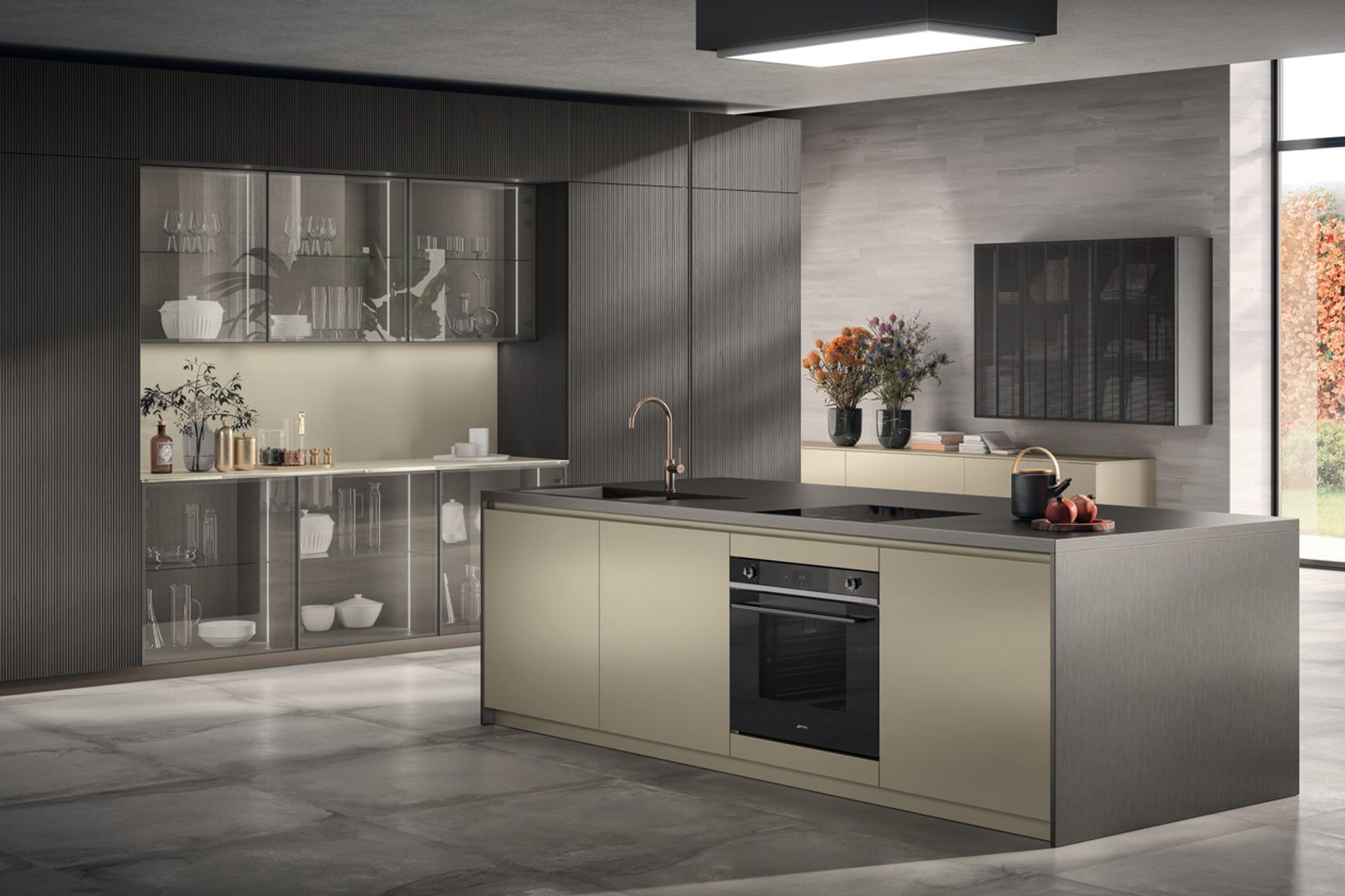 Perlage glossy lacquered - Pepper Oak veneered slat - Dark Steel finish Aluminium frame and clear Stopsol glass