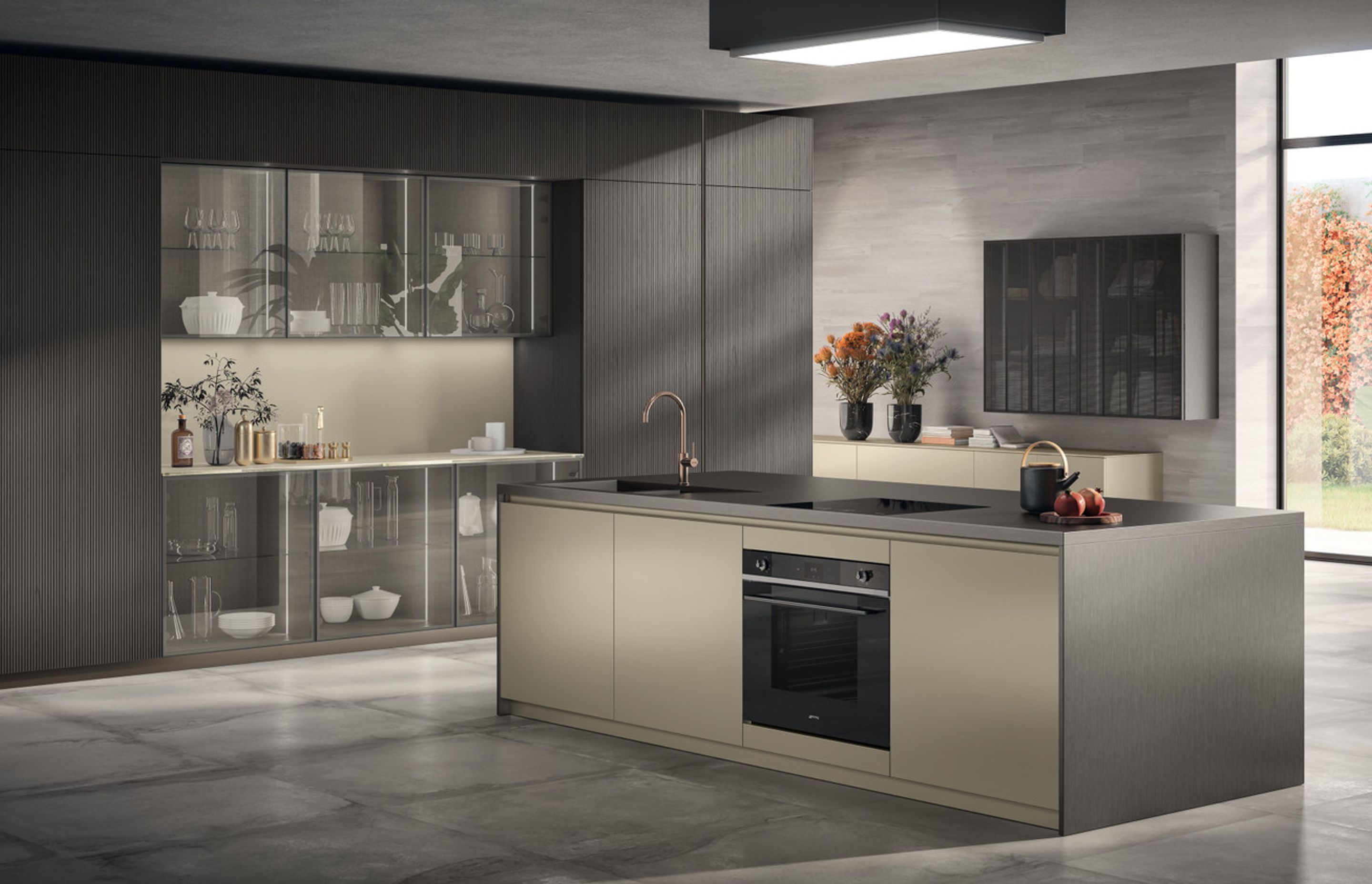 Perlage glossy lacquered - Pepper Oak veneered slat - Dark Steel finish Aluminium frame and clear Stopsol glass