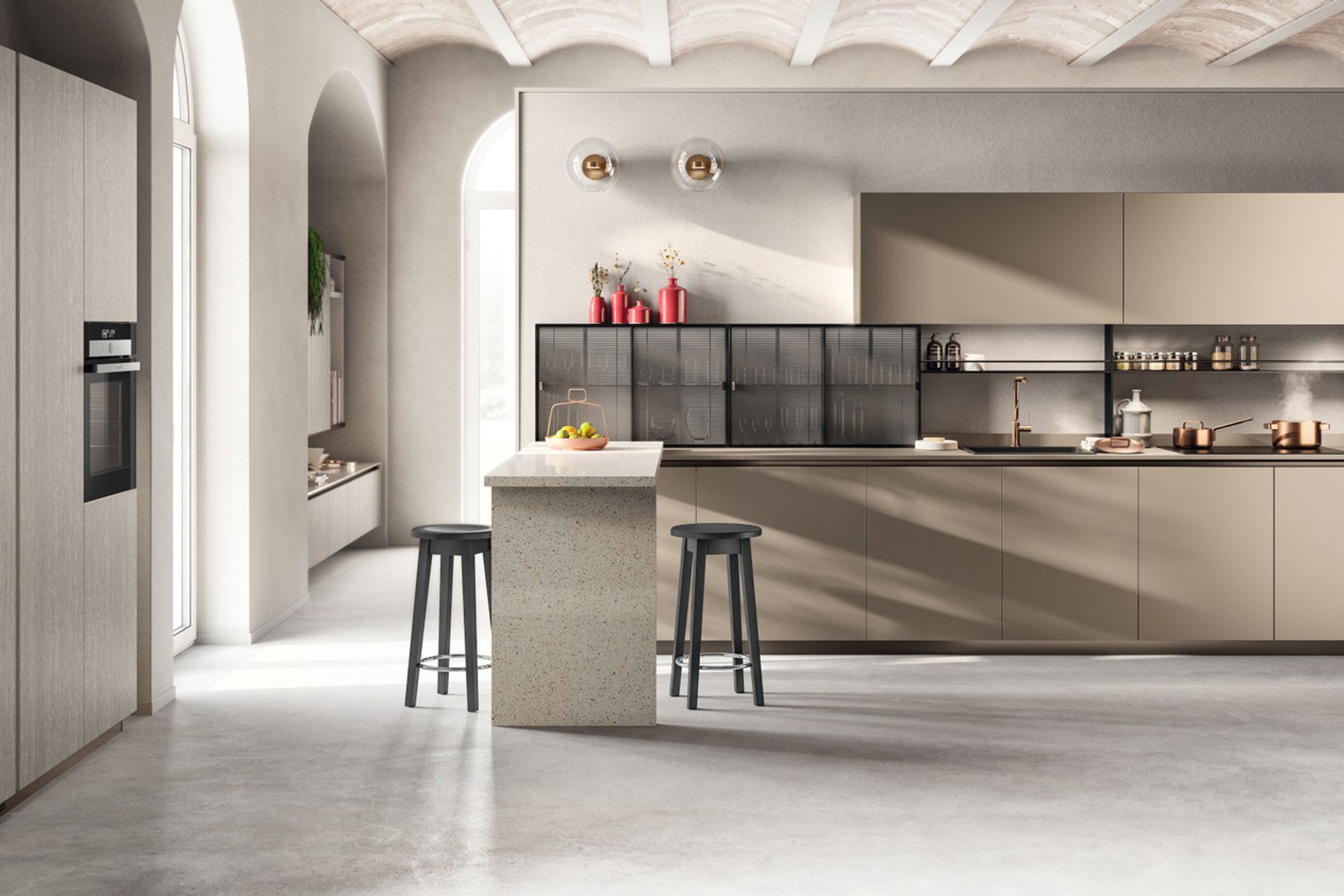 Urban Bronze Laminate - Oriental Light Decorative Melamine. ​​​​​​​Setup system with sliding doors, dark steel finish Aluminium frame and Linear wire mesh.