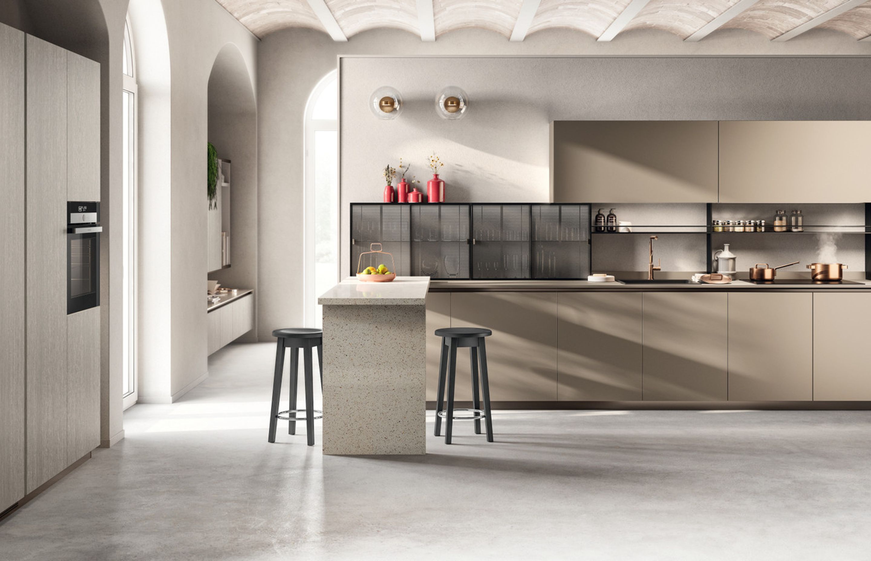 Urban Bronze Laminate - Oriental Light Decorative Melamine. Setup system with sliding doors, dark steel finish Aluminium frame and Linear wire mesh.
