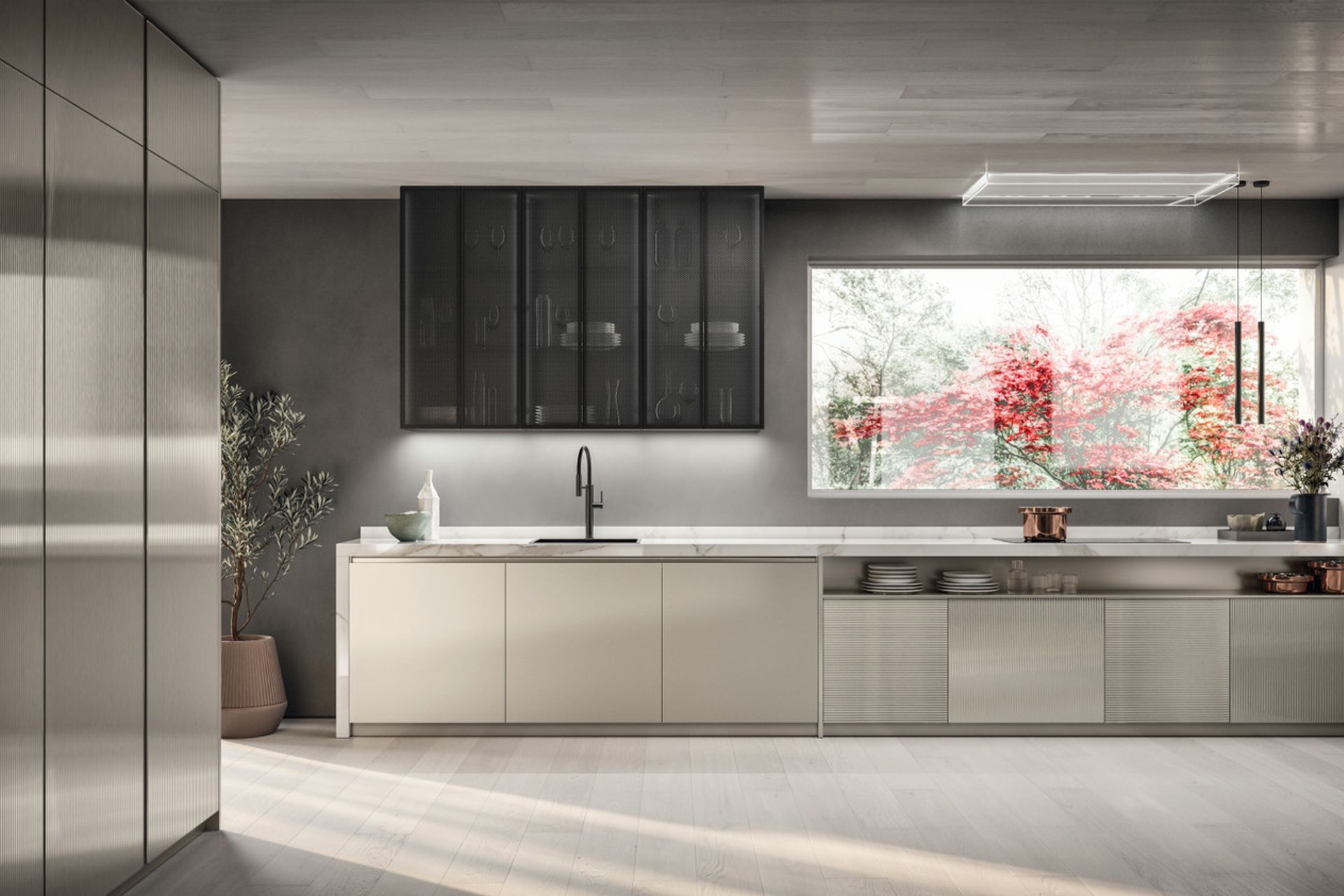 Wall-mounted linear composition in Perlage ribbed matt glass (same finish as the tall units on the left), base units in Perlage matt glass; wall units with doors with Dark Steel and Round perforated Sheet Metal frame.