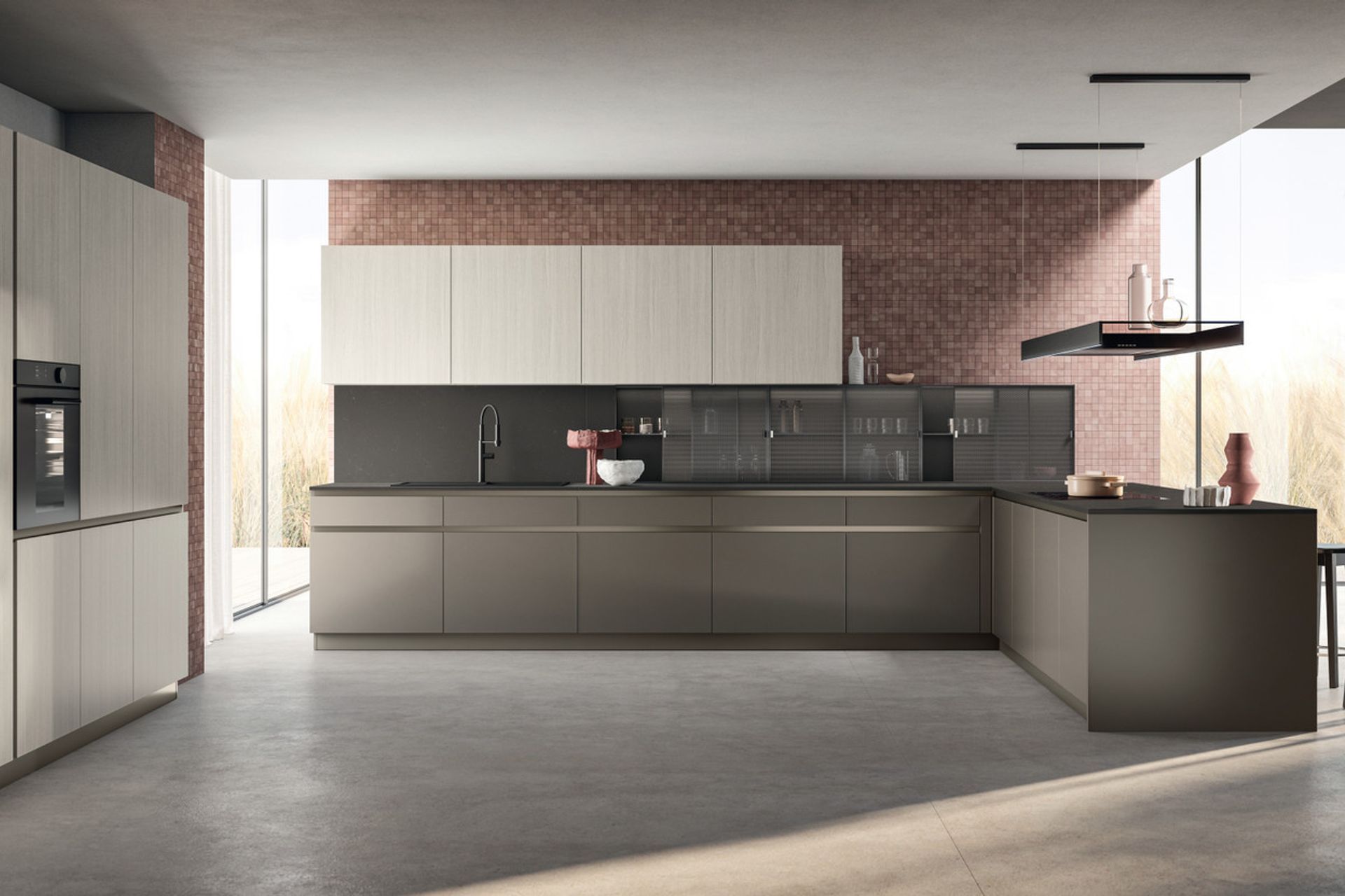 The ideal combination of functionality and aesthetics is also emphasised by the perforated sheet metal for wall units or for resting or hanging sliding elements. The interior lighting and the “now you see me now you don’t” effect of the texture, available in two different patterns - Round and Linear - exclusive to Scavolini, adds style and character to the compositions.