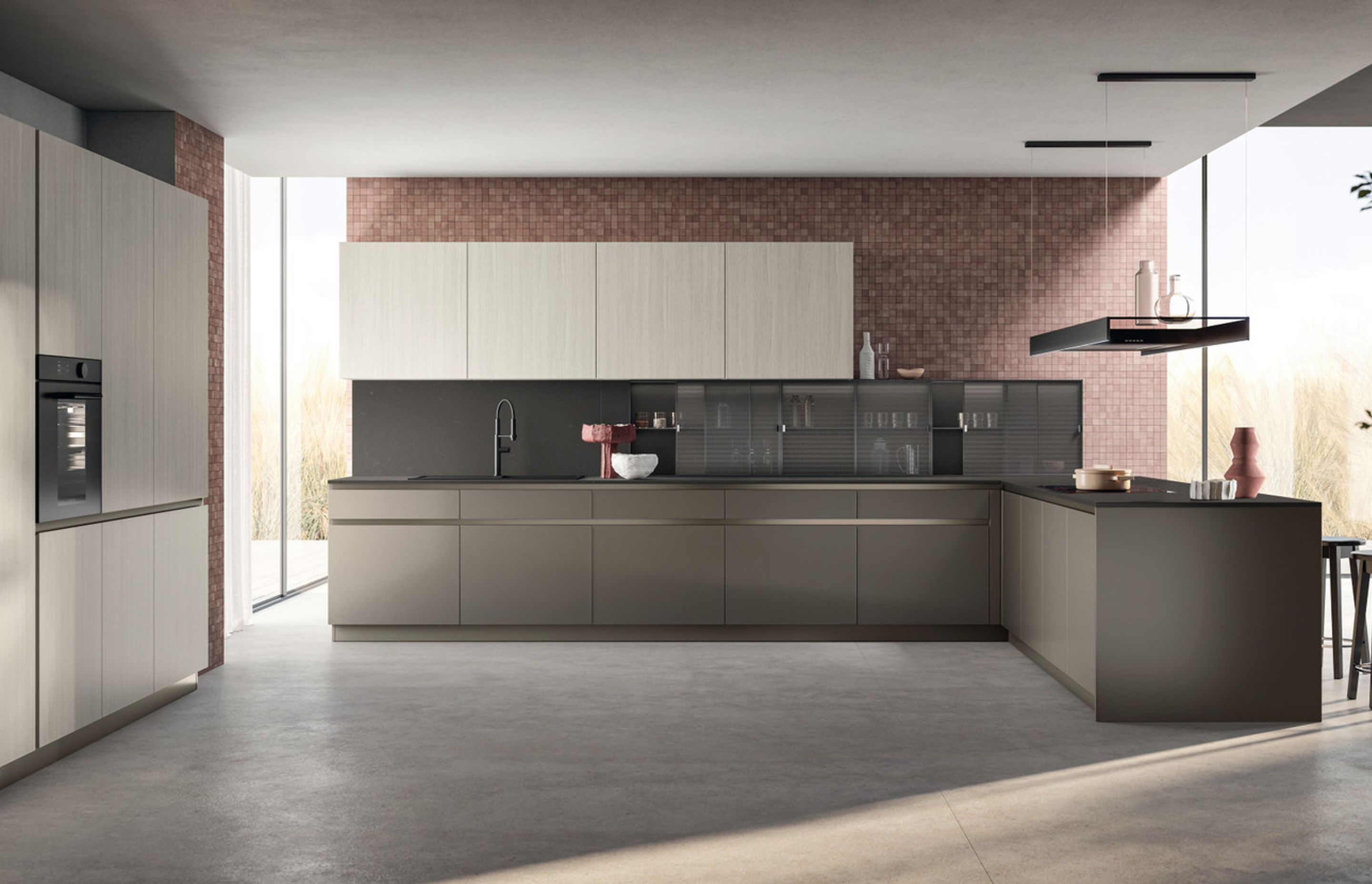 The ideal combination of functionality and aesthetics is also emphasised by the perforated sheet metal for wall units or for resting or hanging sliding elements. The interior lighting and the “now you see me now you don’t” effect of the texture, available in two different patterns - Round and Linear - exclusive to Scavolini, adds style and character to the compositions.