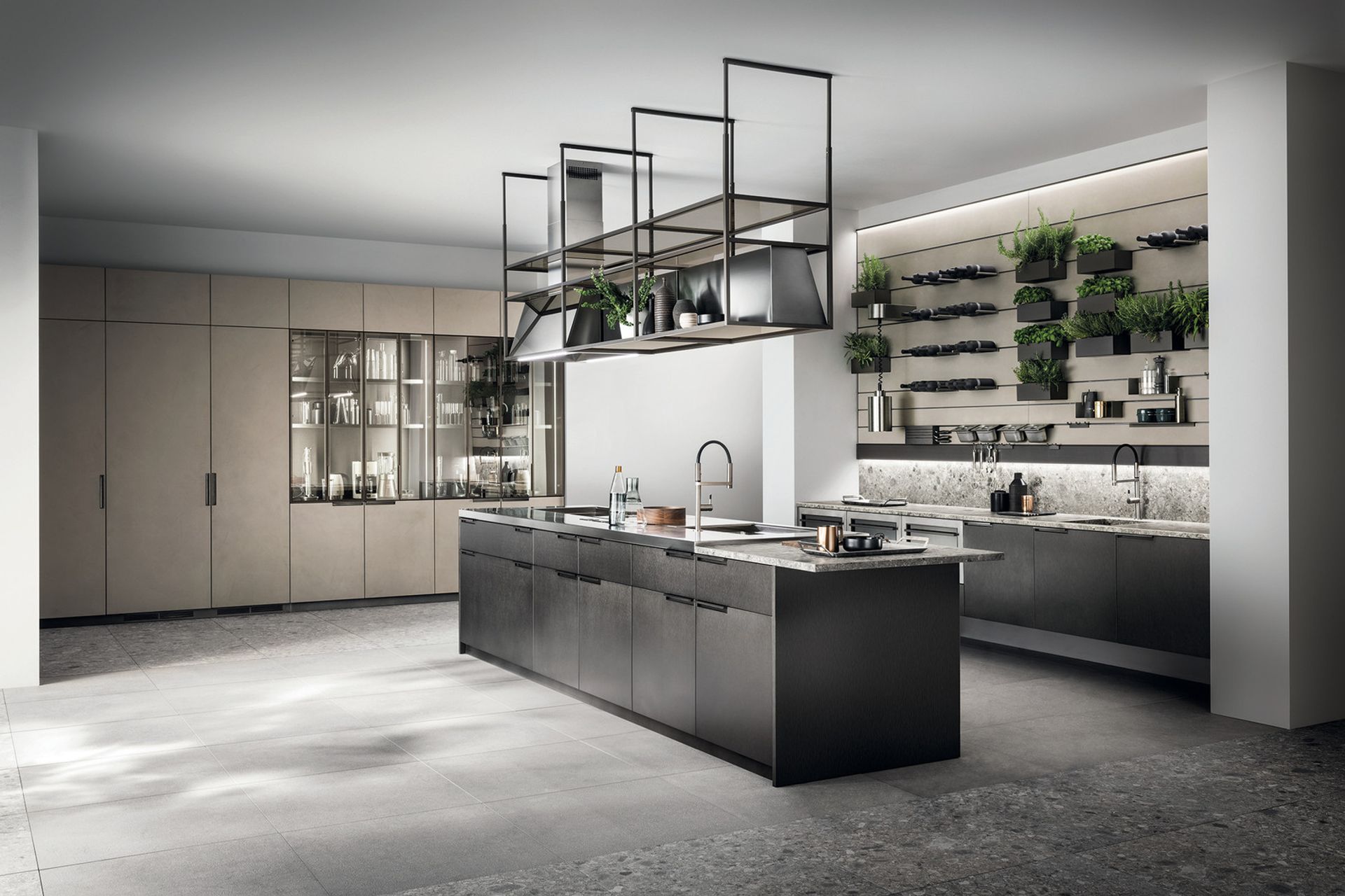 A hanging storage structure (with visible dish-rack) and professional extraction create new volumes. Compositional rigour, to respect your food preparation systems, washing, chopping and cooking, just like in a large, professional kitchen.