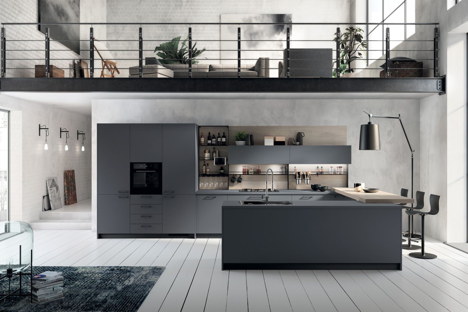 The perfect match between worktop and doors: Bromine Grey Fenix NTM® emphasises the metropolitan soul of this kitchen fitted with every convenience, starting with the "Setup" accessorised wall panel, in satin finish Anthracite finish, and equipped with multiple useful accessories (kitchen roll holder, shelves, bars, hooks, etc.).