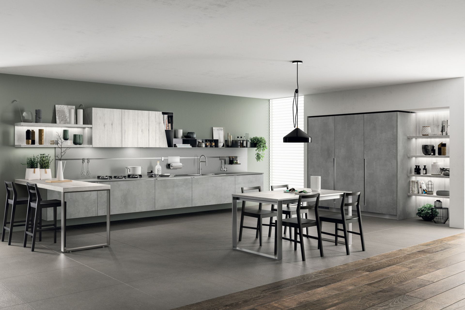 Functionality and styling merge to perfection in the details: wall units in Anthracite painted metal combined with the wall unit with slanted door. Simple, geometric silhouettes to accommodate contemporary taste.