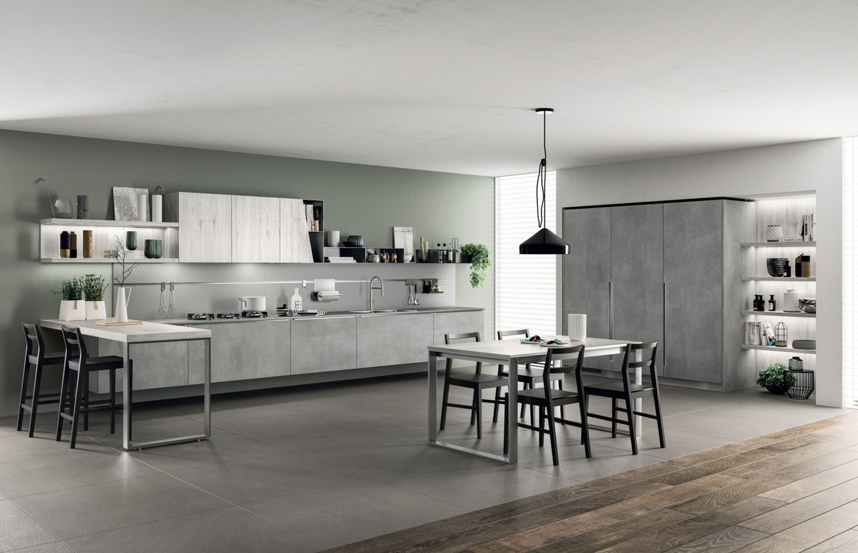 Functionality and styling merge to perfection in the details: wall units in Anthracite painted metal combined with the wall unit with slanted door. Simple, geometric silhouettes to accommodate contemporary taste.