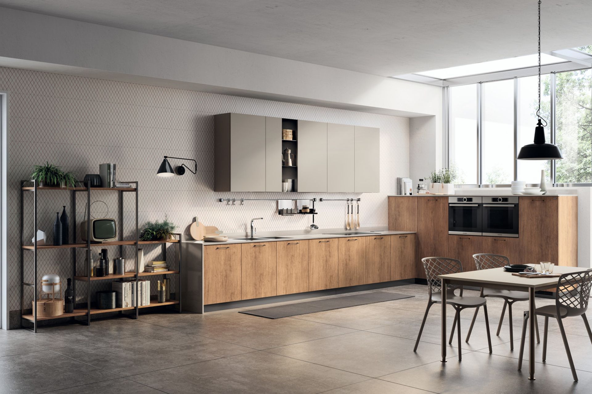 Sophisticated colour combinations outline a well-balanced and rationally organised setting: tall units and base units in Landscape Oak, Mink matt lacquered wall units, an attractive choice with superior styling value.