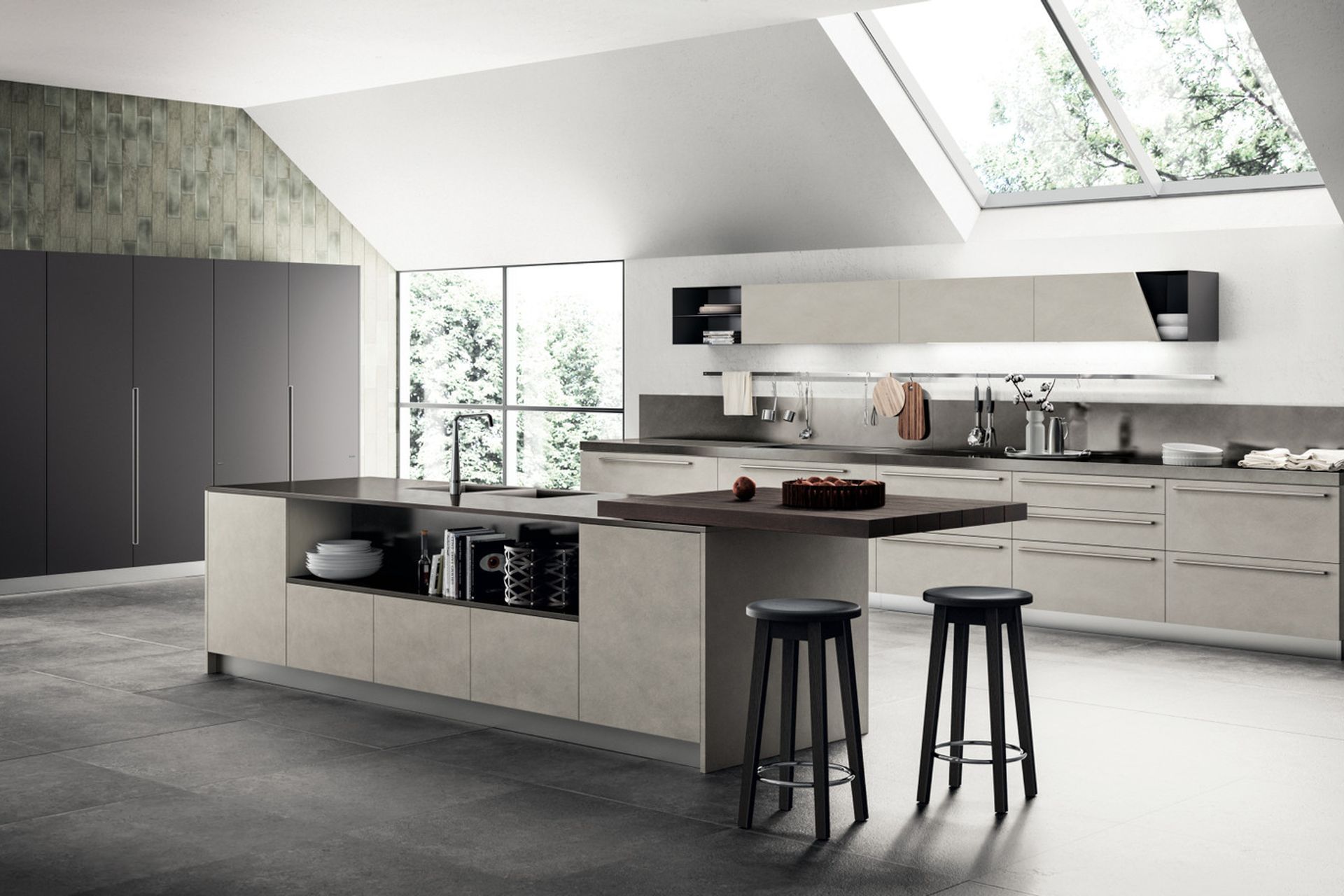 A new tactile sensation for kitchen furnishings: Lima Clay Biomalta used to clad the base units and wall units in the composition constitutes a hard-wearing material that is concurrently trendy.