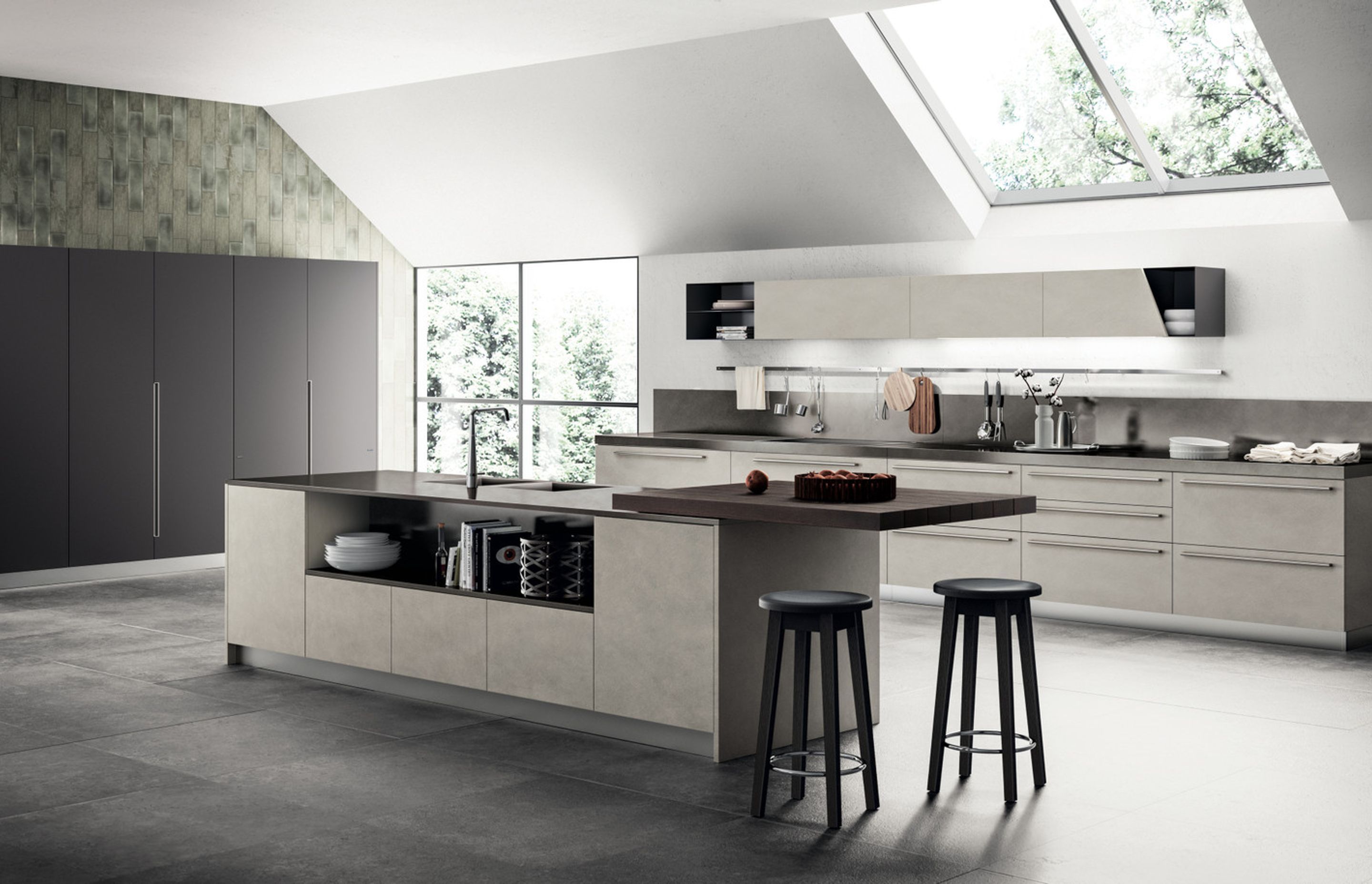 A new tactile sensation for kitchen furnishings: Lima Clay Biomalta used to clad the base units and wall units in the composition constitutes a hard-wearing material that is concurrently trendy.