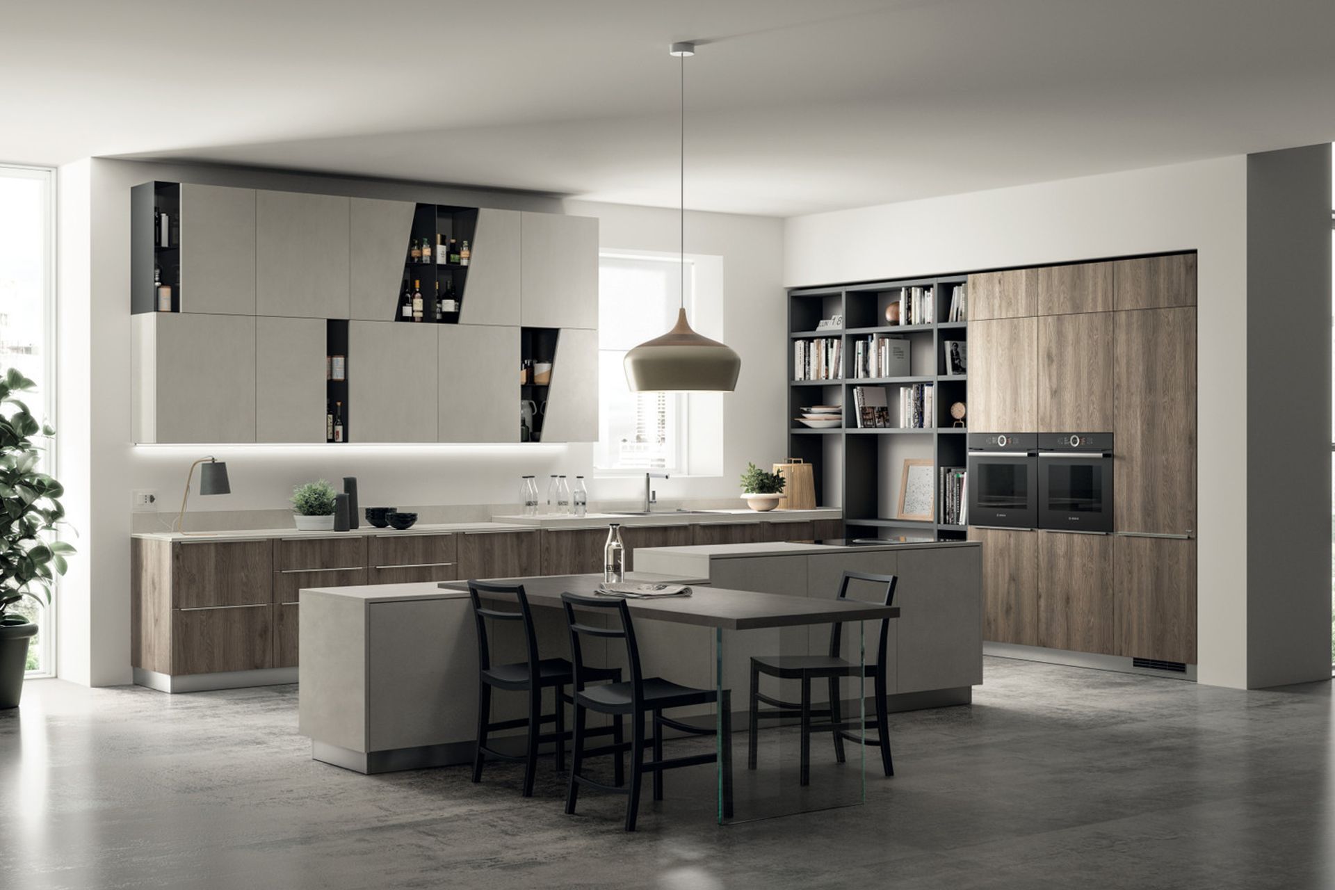 The different heights of the Azimut laminate worktops, which is also used on the island, make this kitchen more dynamic and emphasise the various functions of the composition. And the juxtaposed colour shades (tall units and base units in Season Oak, against the island in Azimut decorative melamine) make it possible to create ever surprising combinations.