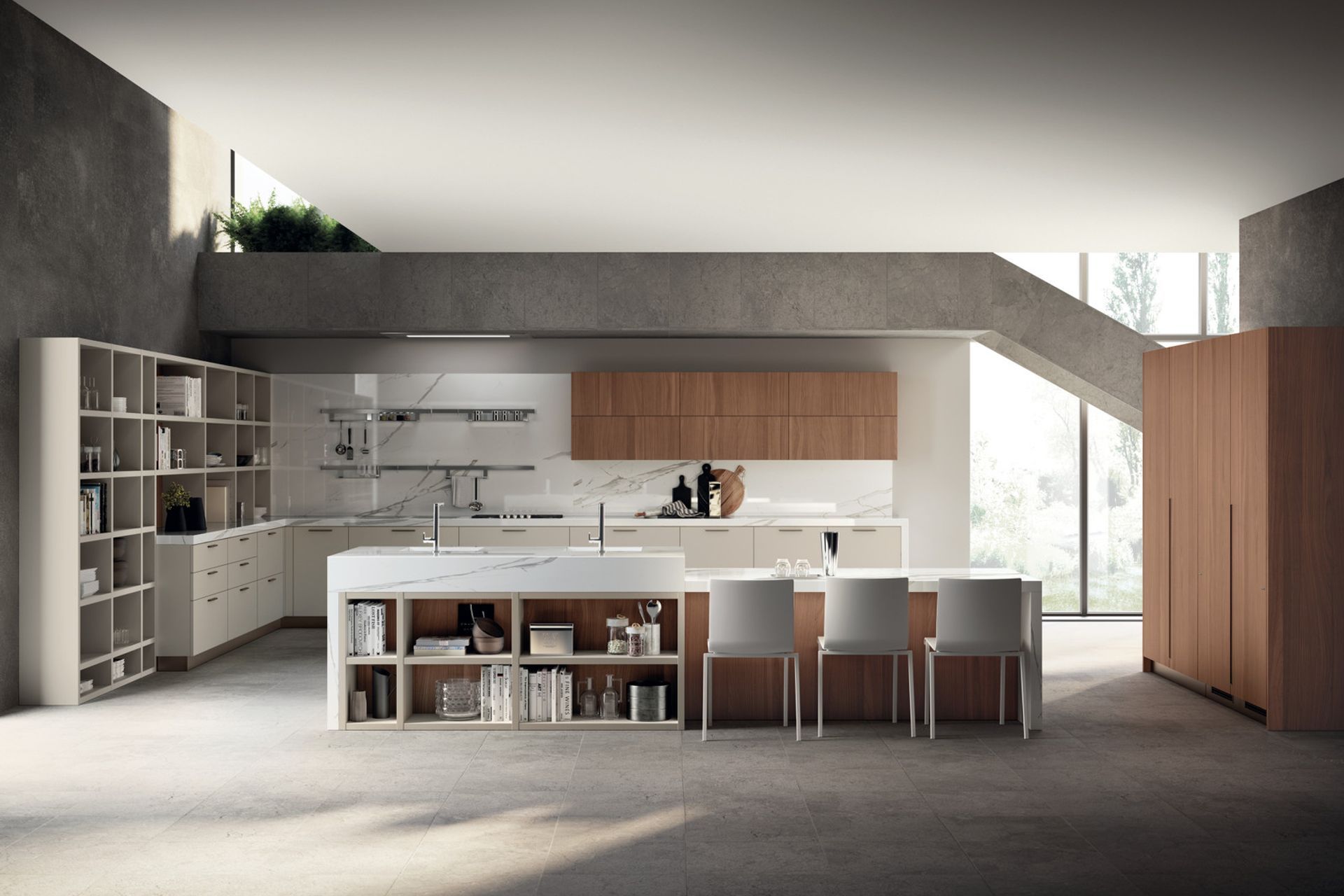 The Dove Grey lacquered doors and base units stand out harmoniously against the areas clad with warm Tussah Walnut, i.e. the wall units, tall units and wall panels of this imposing composition. Everything is enhanced by the bronze colour of the handles and plinths.