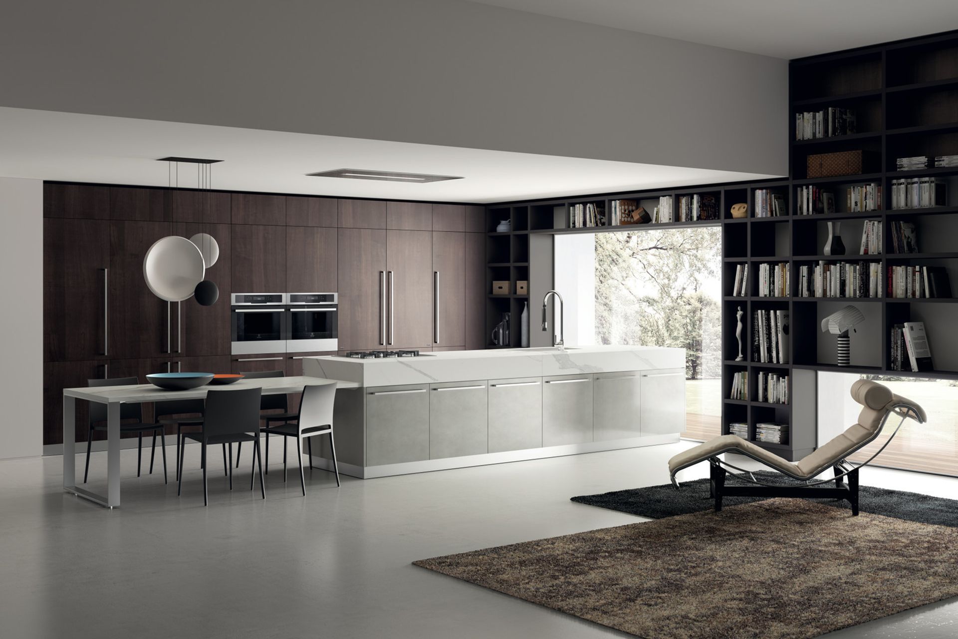 The natural appearance of the Saxony Walnut cabinets is combined with the vintage look of the Stained Aluminium stained look lacquered island base units, striking the perfect balance between contemporary appeal and traditional accents.