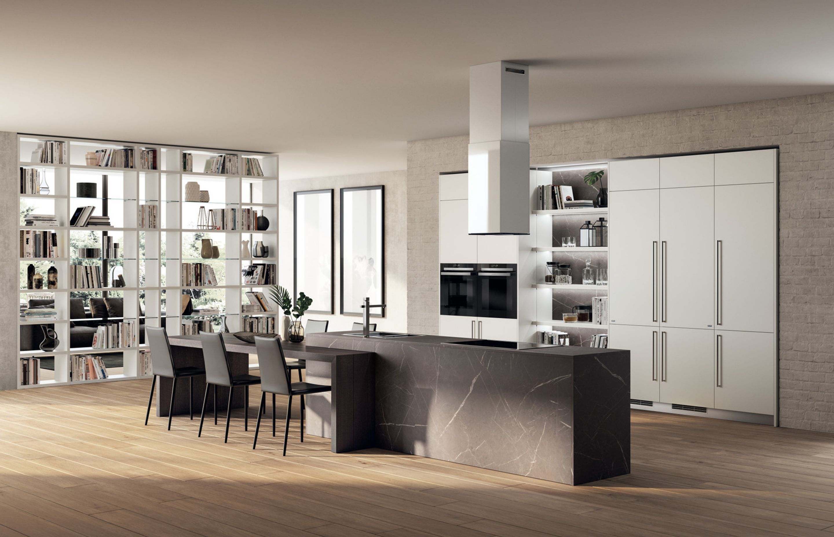 The central island dominates the composition thanks to the Grey Stone laminate used to clad the top and base units uniformly. An attractive textured effect, significant volumes to enhance the domestic space which also includes the “Fluida” Wall System in Pure White decorative melamine.