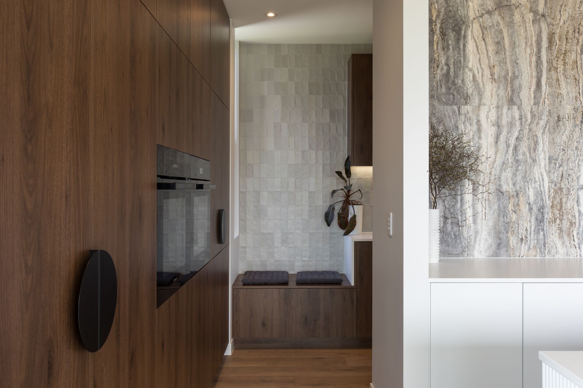 Prime Melamine in Tahoe Walnut and Prime Stone in Golden Bay. Designed by Katie Scott, Sticks+Stones Design.