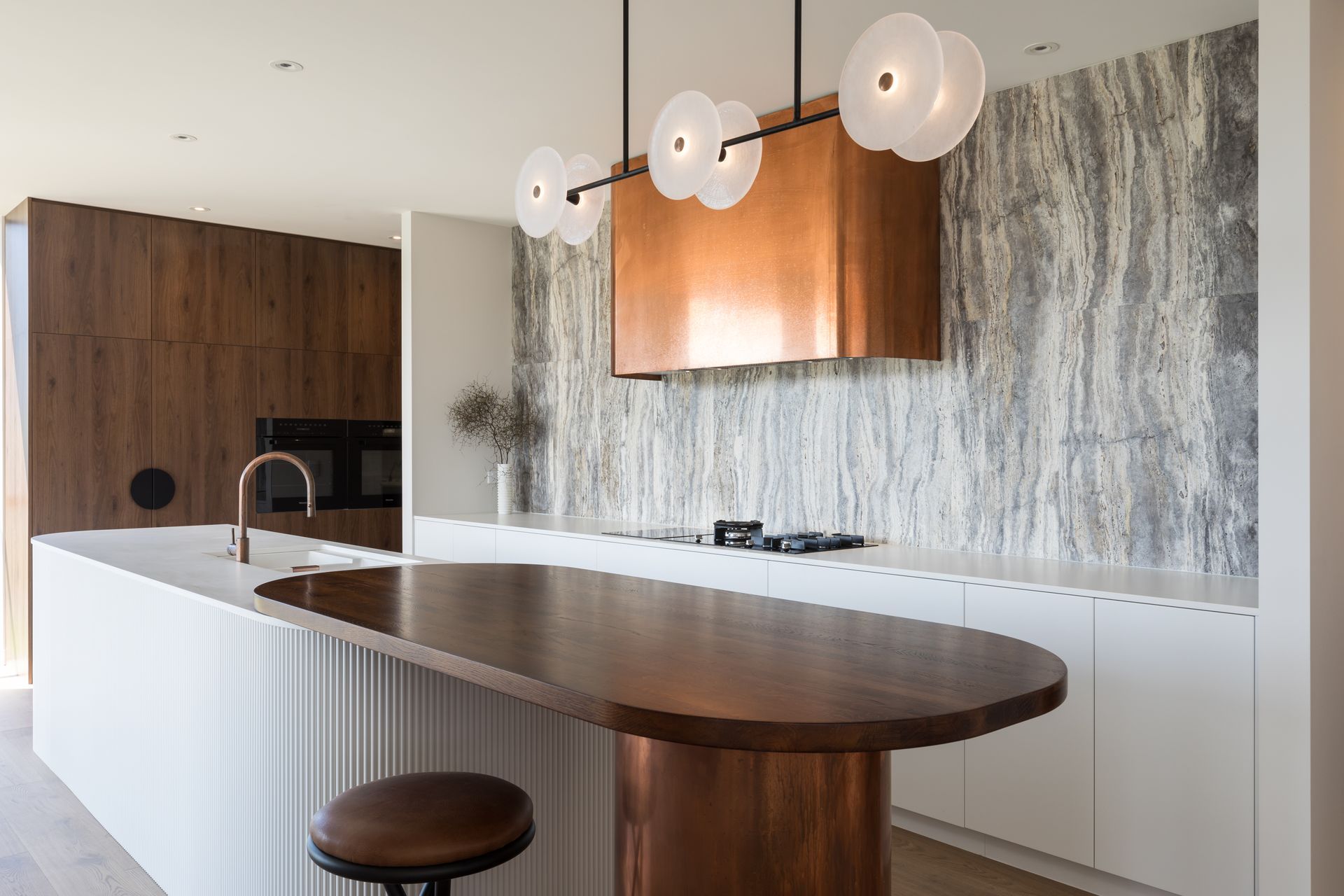 Prime Melamine in Tahoe Walnut and Prime Stone in Golden Bay. Designed by Katie Scott, Sticks+Stones Design.