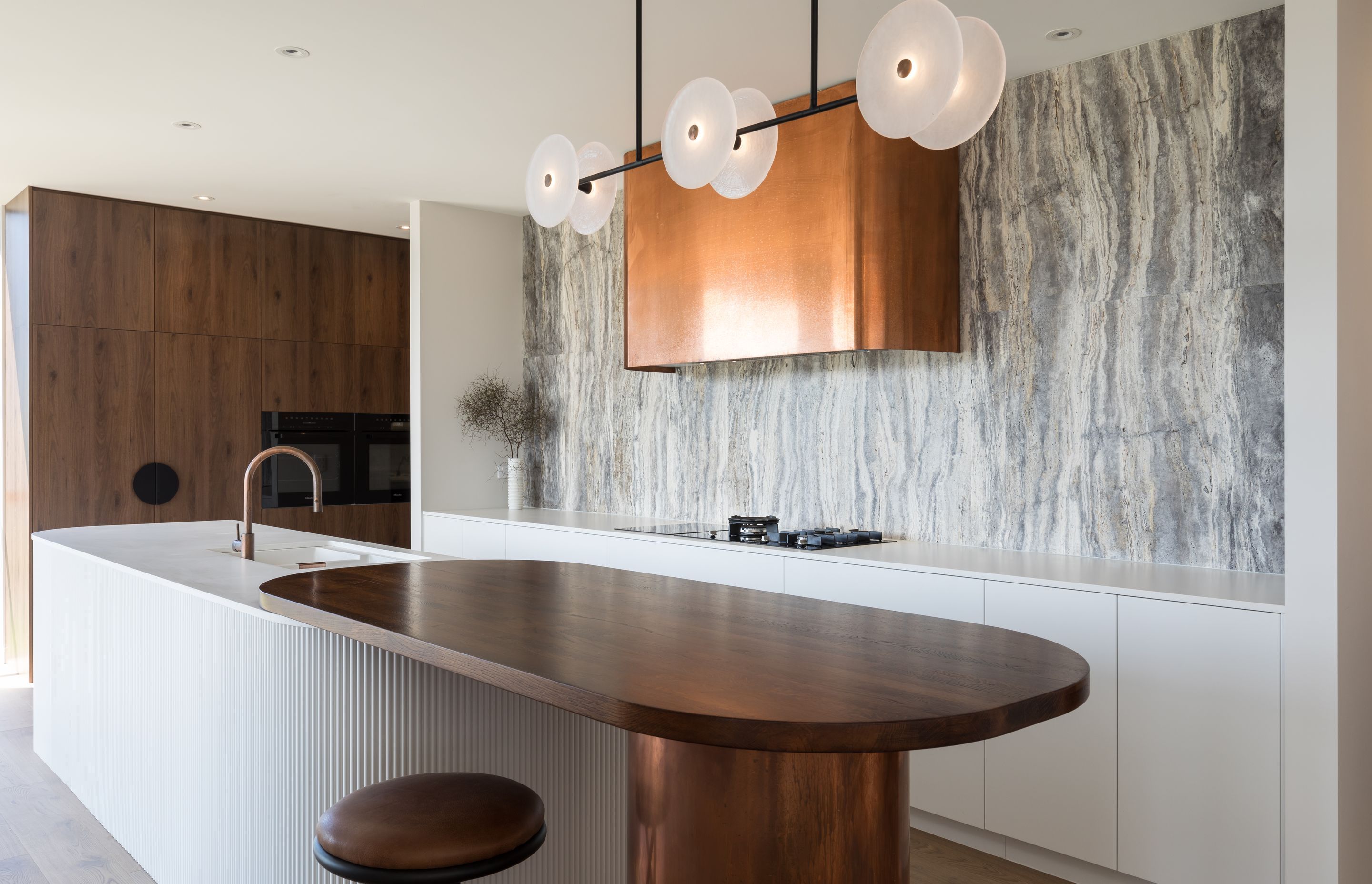 Prime Melamine in Tahoe Walnut and Prime Stone in Golden Bay. Designed by Katie Scott, Sticks+Stones Design.