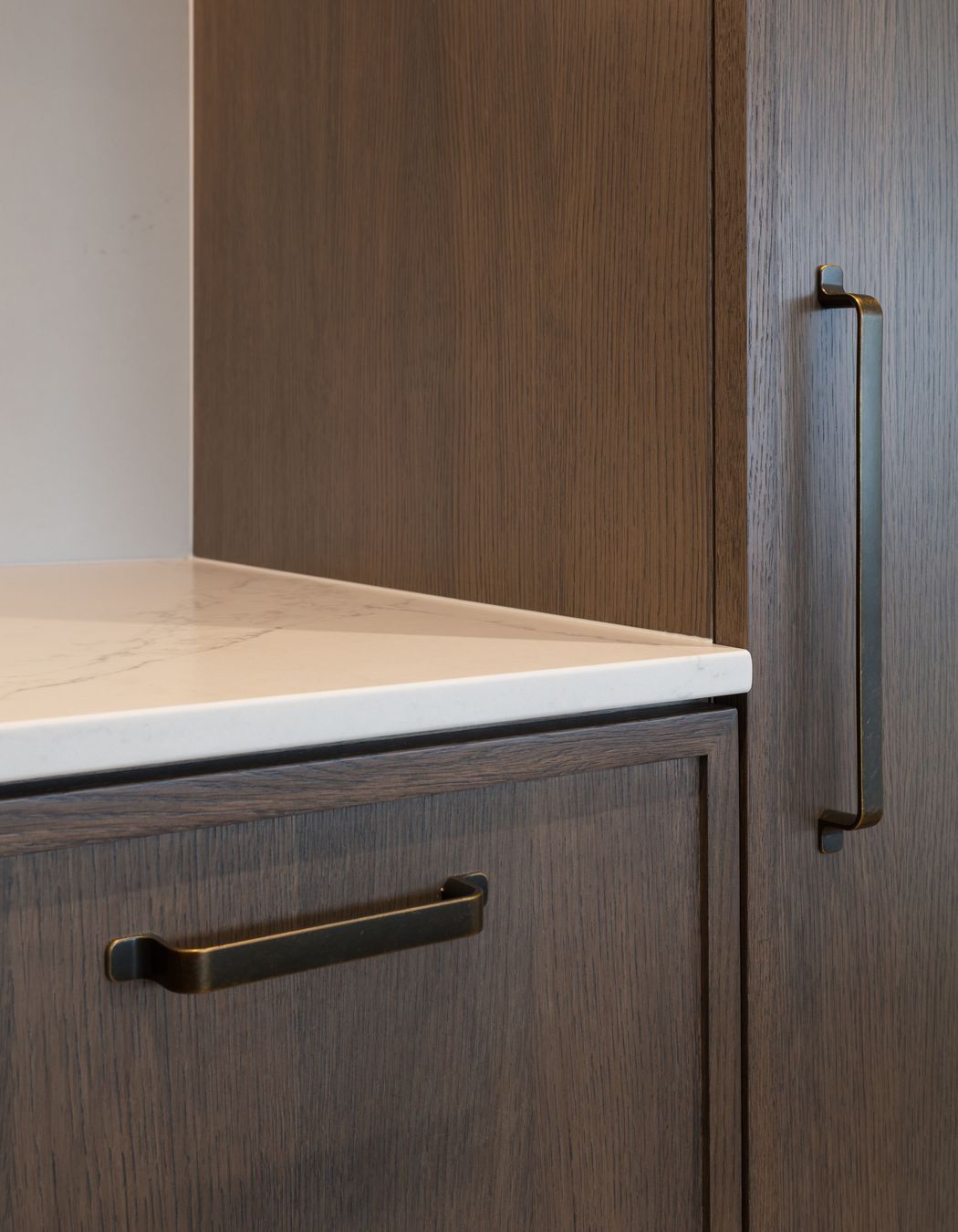 Prime Stone, Calacatta Formosa - Honed / Prime Veneer, American White Oak - Quarter Cut. Design by Susan Lands, Stratford Interior Design.