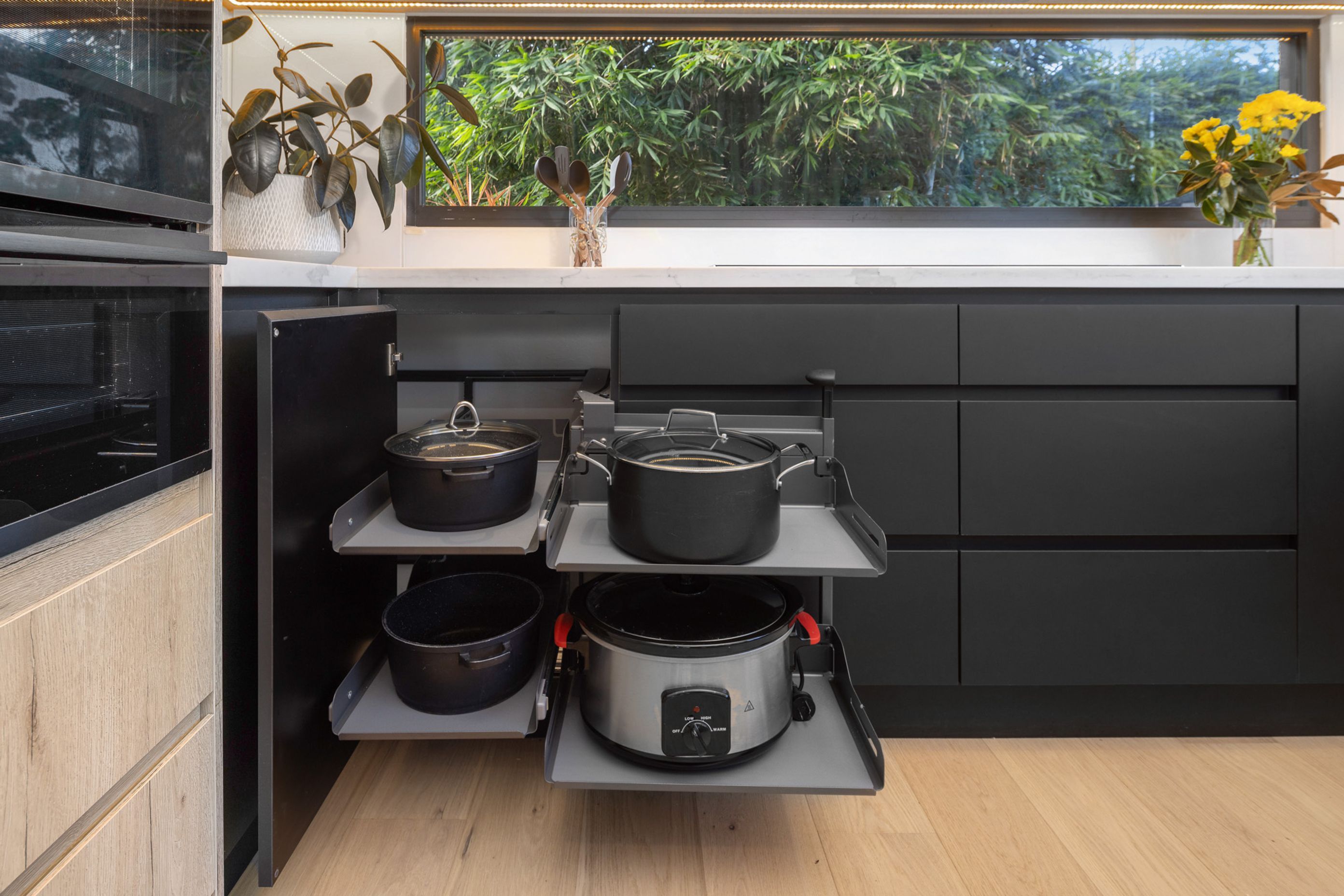 Peka Corner Comfort Pull-out System in Anthracite.  Krome Premium Drawer Runners.