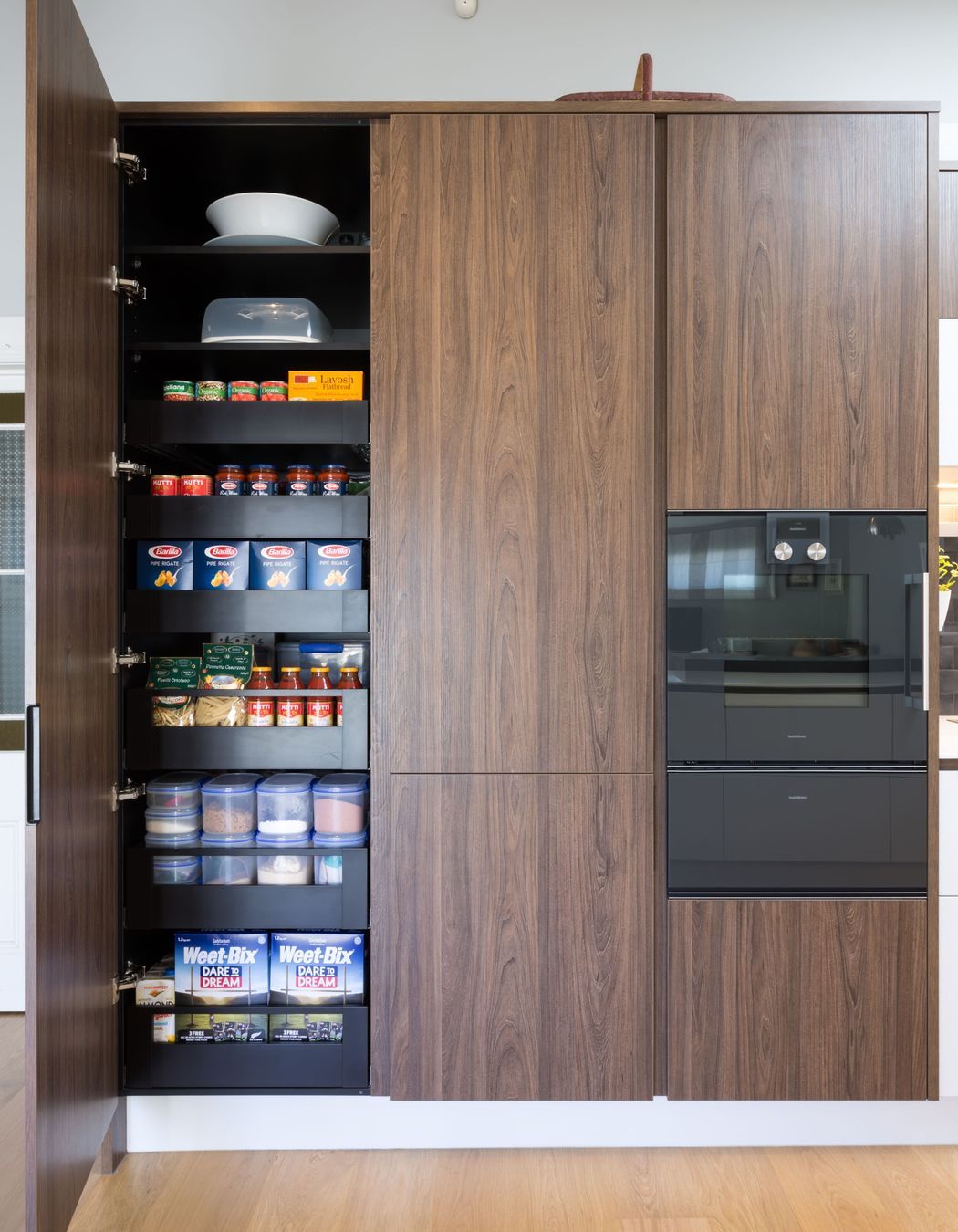 Bestwood Melamine, Tasman Elm. Designed by Mathew Coles, Royale Kitchens.