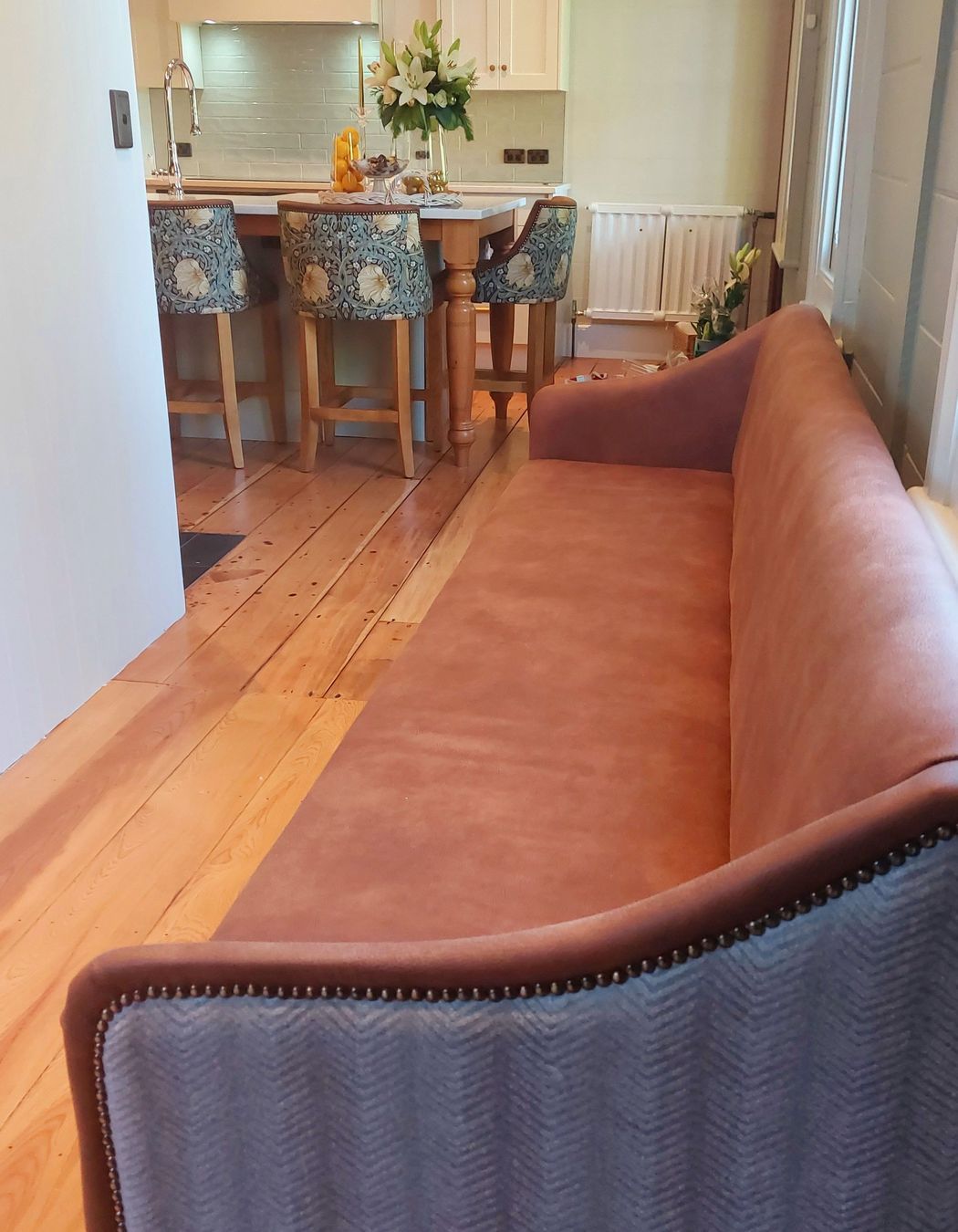 Akerman bench seat covered Eastwood colour bison and William Morris wool, design Heckla