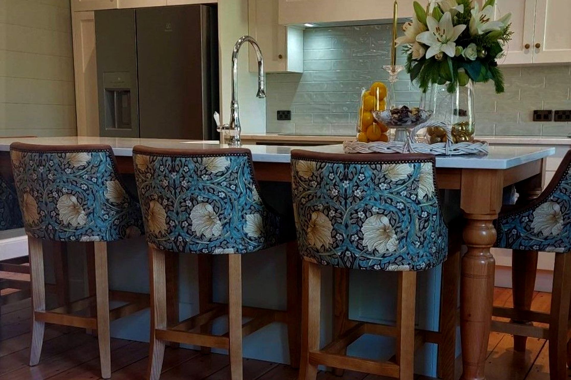 Montreux Furnture Barstools: Seat fabric, Warwick's Eastwood paired with William Morris design Pimpernel