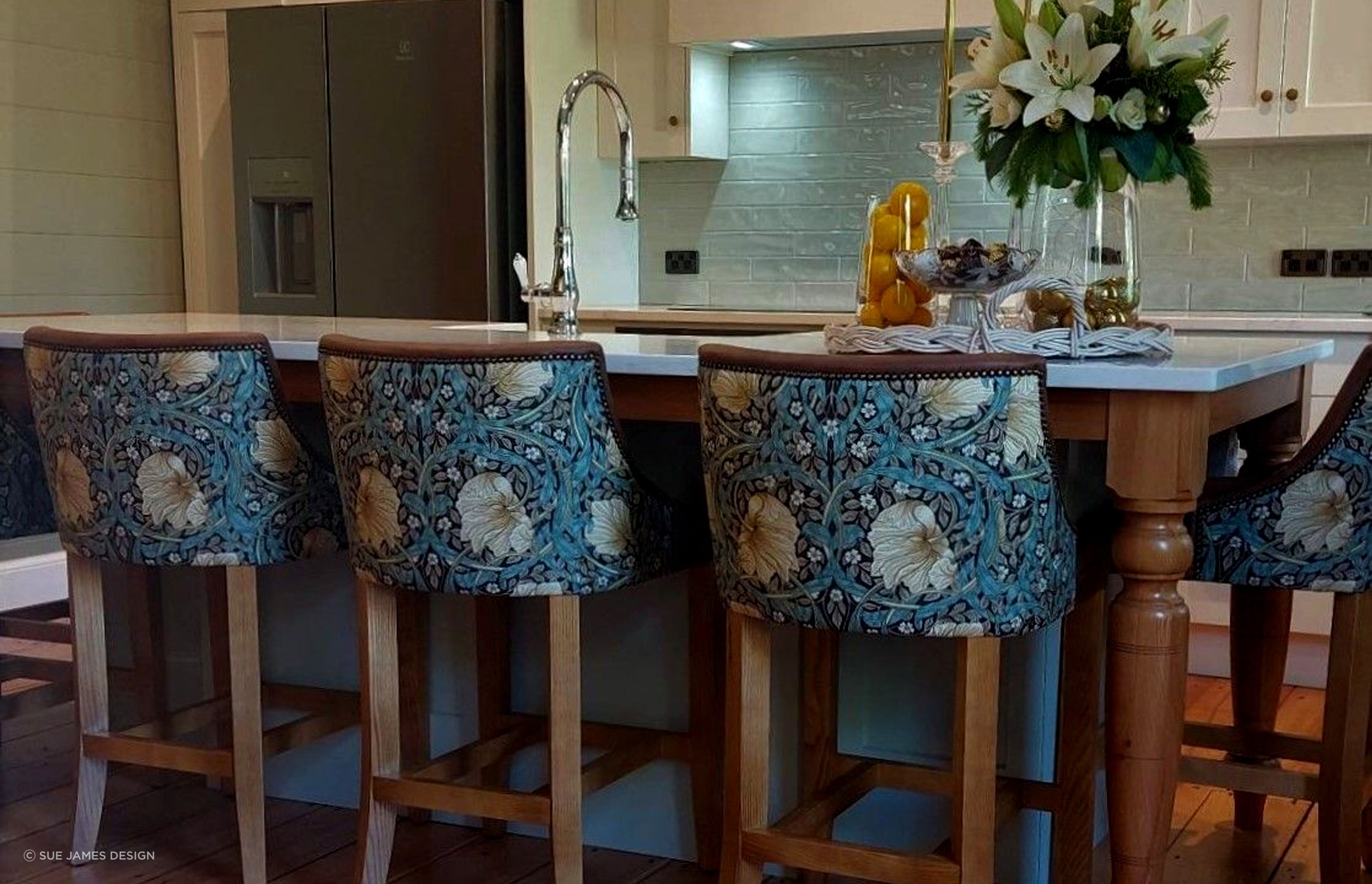 Montreux Furnture Barstools: Seat fabric, Warwick's Eastwood paired with William Morris design Pimpernel