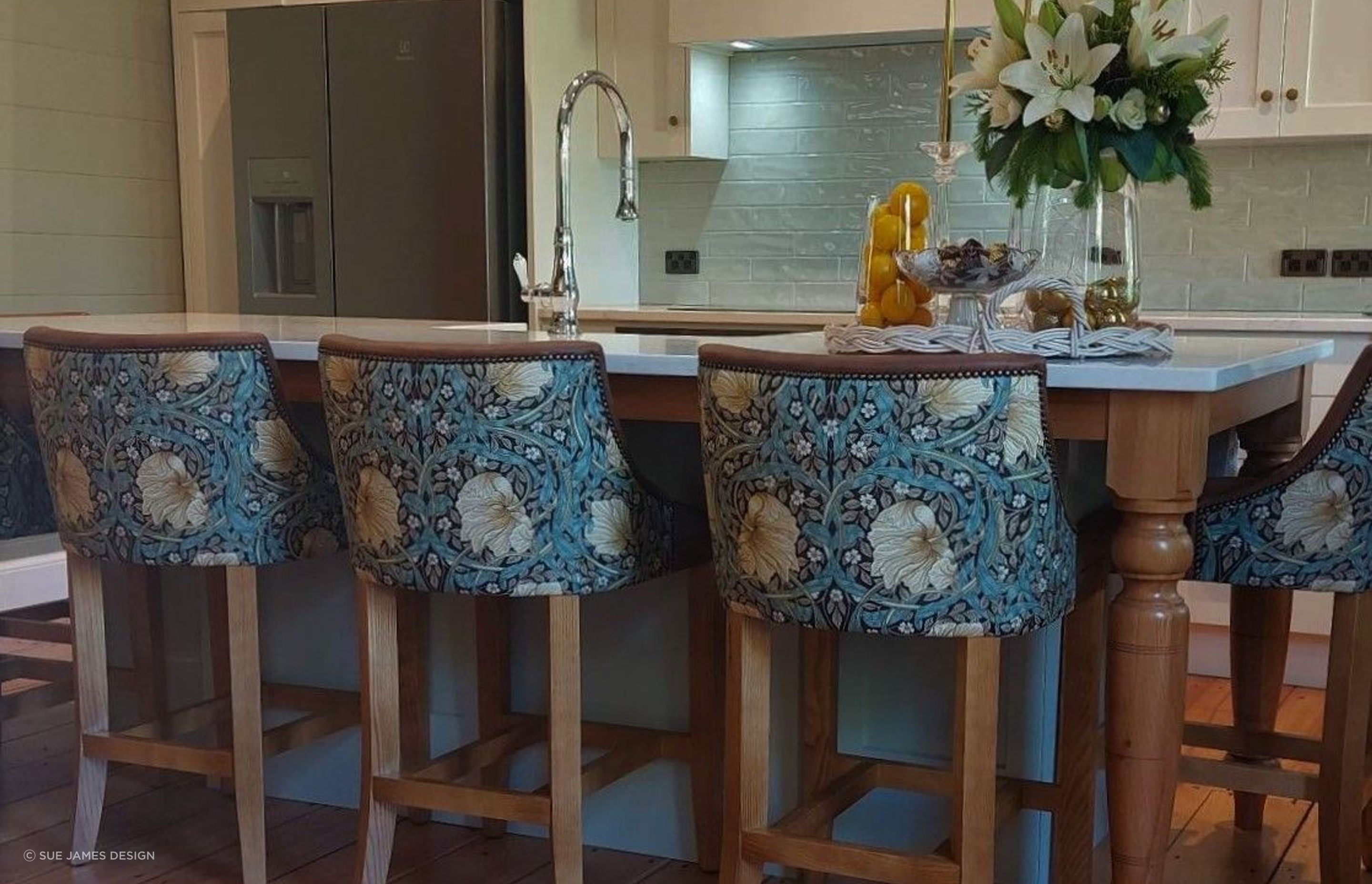 Montreux Furnture Barstools: Seat fabric, Warwick's Eastwood paired with William Morris design Pimpernel