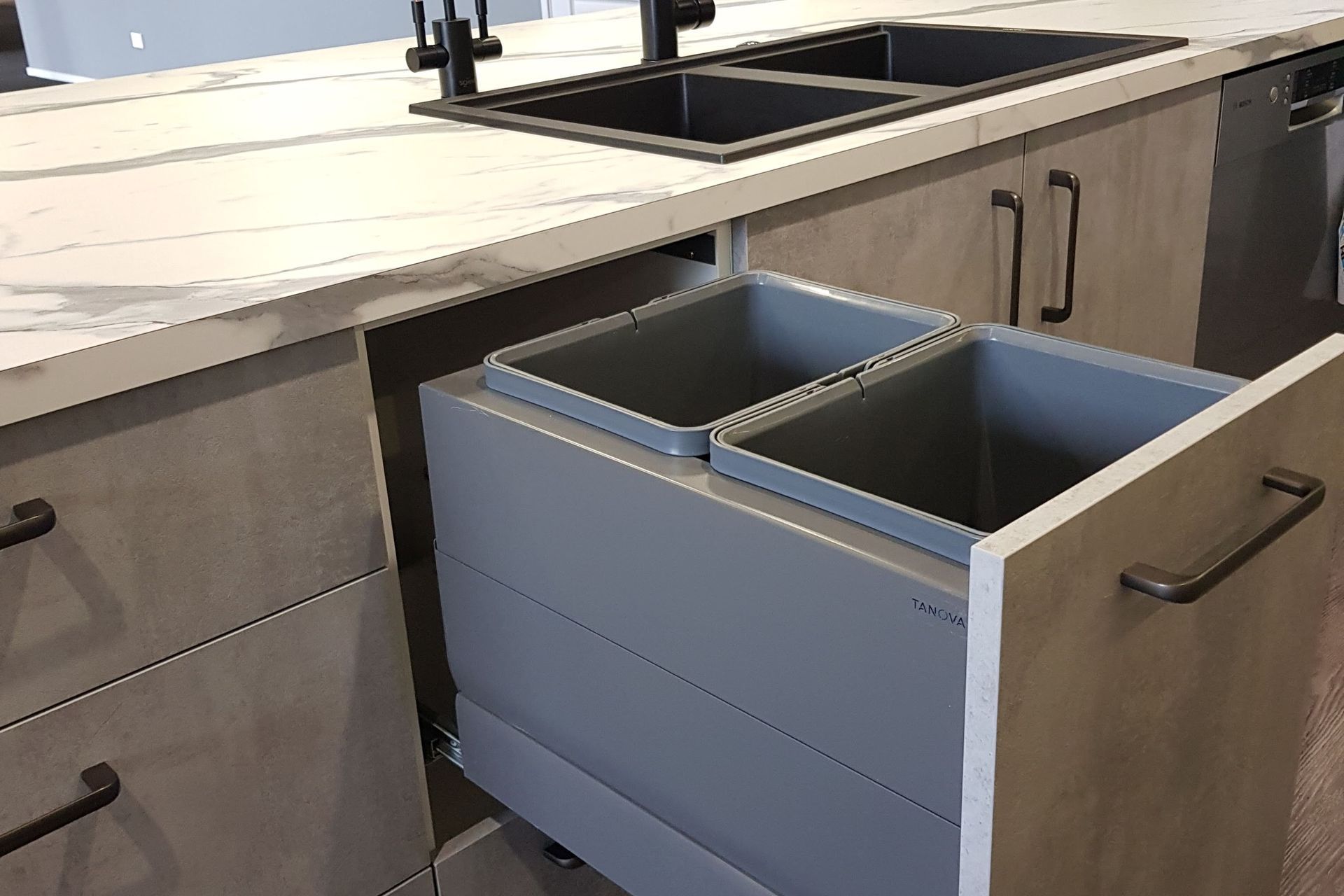 Tanova Designer Series Soft Close Kitchen Bin - Many Models Available for Cabinets from 300mm to 800mm Wide and in Grey and White Colour Options
