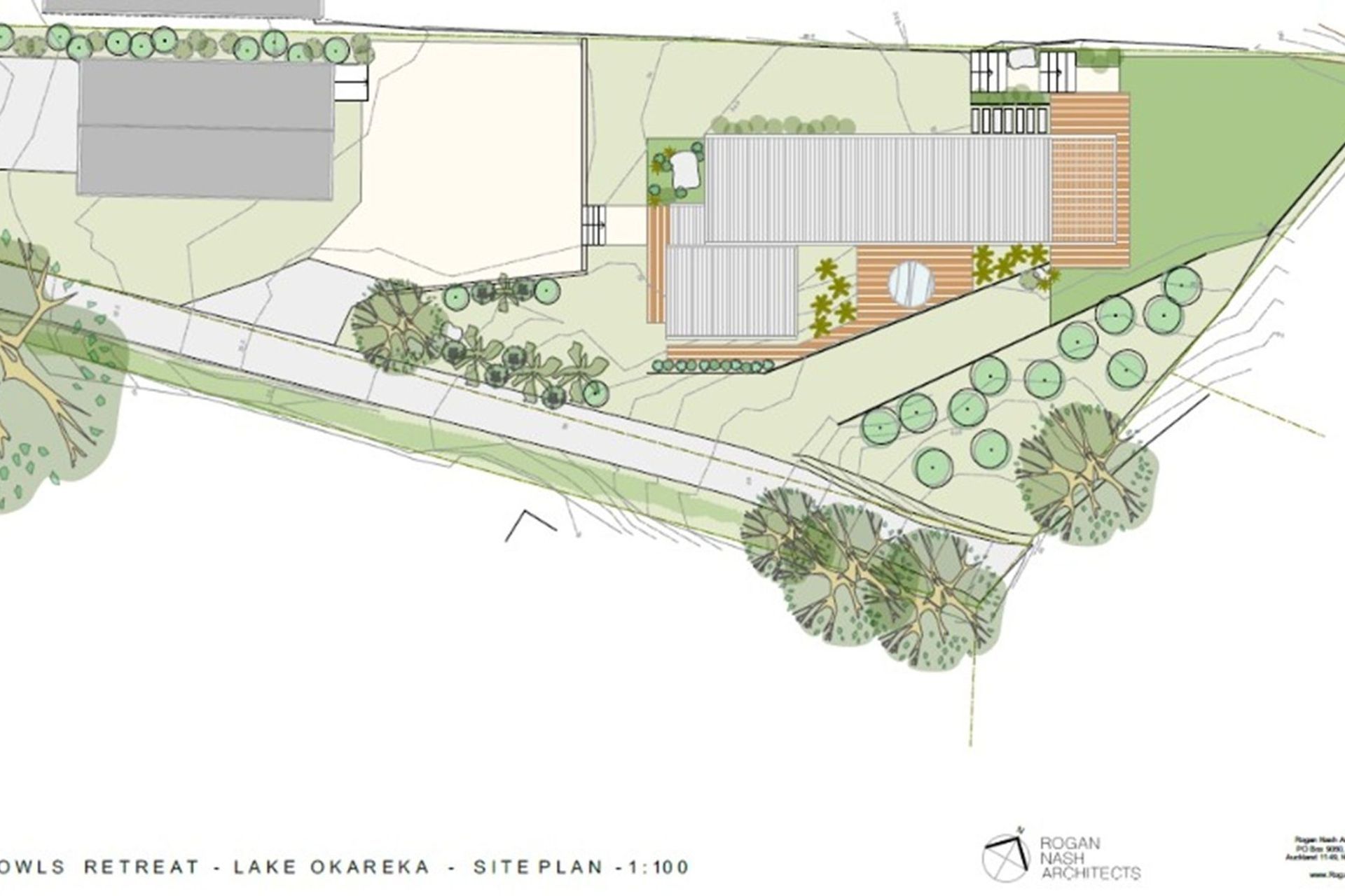 The site plan demonstrates how The Owl's Retreat is thoughtfully positioned within its landscape. Building placement, outdoor living spaces, circulation and planting work together to respond to the site's natural characteristics, creating a home that sits comfortably within its setting while maximising sunlight, privacy and connection to the outdoors.