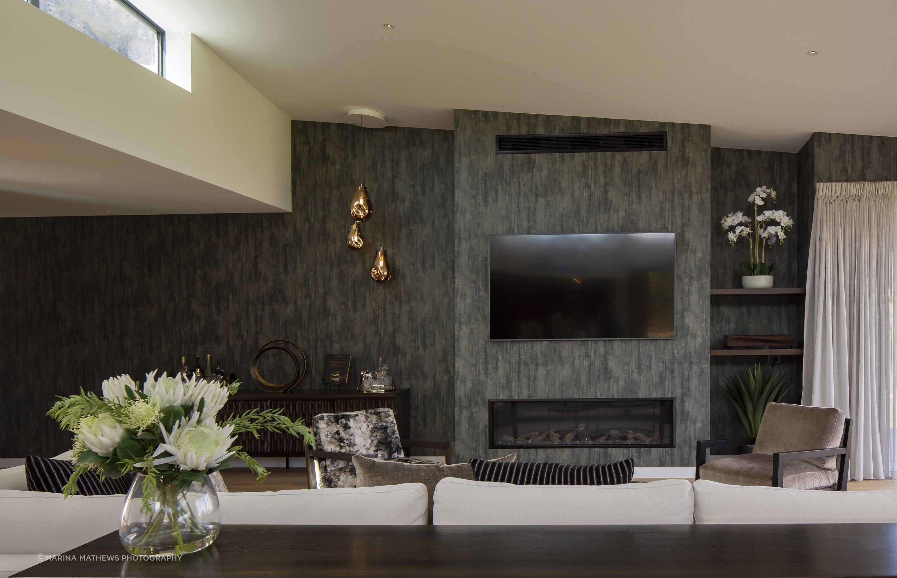 Trenzseater Threads - Falling Water Charcoal Wallpaper & The Moroccan Glass Globes