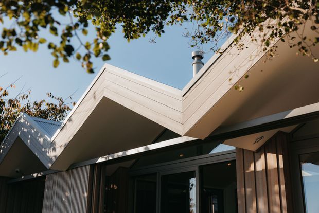 Exterior architectural detail of a contemporary, low-pitched angular roofline with broad projecting eaves and light-coloured fascia. Dark vertical cladding and large glazed openings sit beneath the roof, with a chimney visible above. Framed by tree branches against a clear sky.