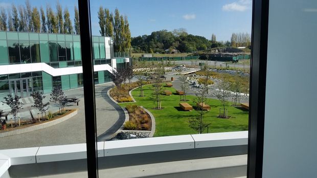 View from inside a modern building through large floor-to-ceiling glazing, overlooking a landscaped courtyard with lawns, young trees, curved paved walkways, planted garden beds, and timber seating. A contemporary glass-fronted building and low white balcony/parapet structure are visible across the landscaped site.