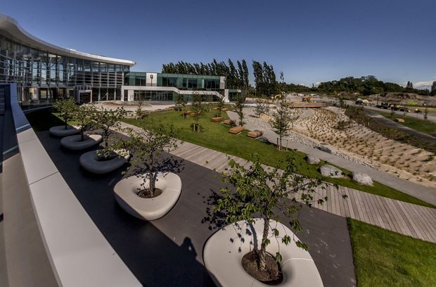 Wide exterior view of a contemporary multi-level building with extensive floor-to-ceiling glazing and a curved roofline, overlooking a landscaped courtyard. The grounds include lawns, paved walkways, timber-look decking, sculptural built-in planters, young trees, seating, and a sandy landscaped area beyond.