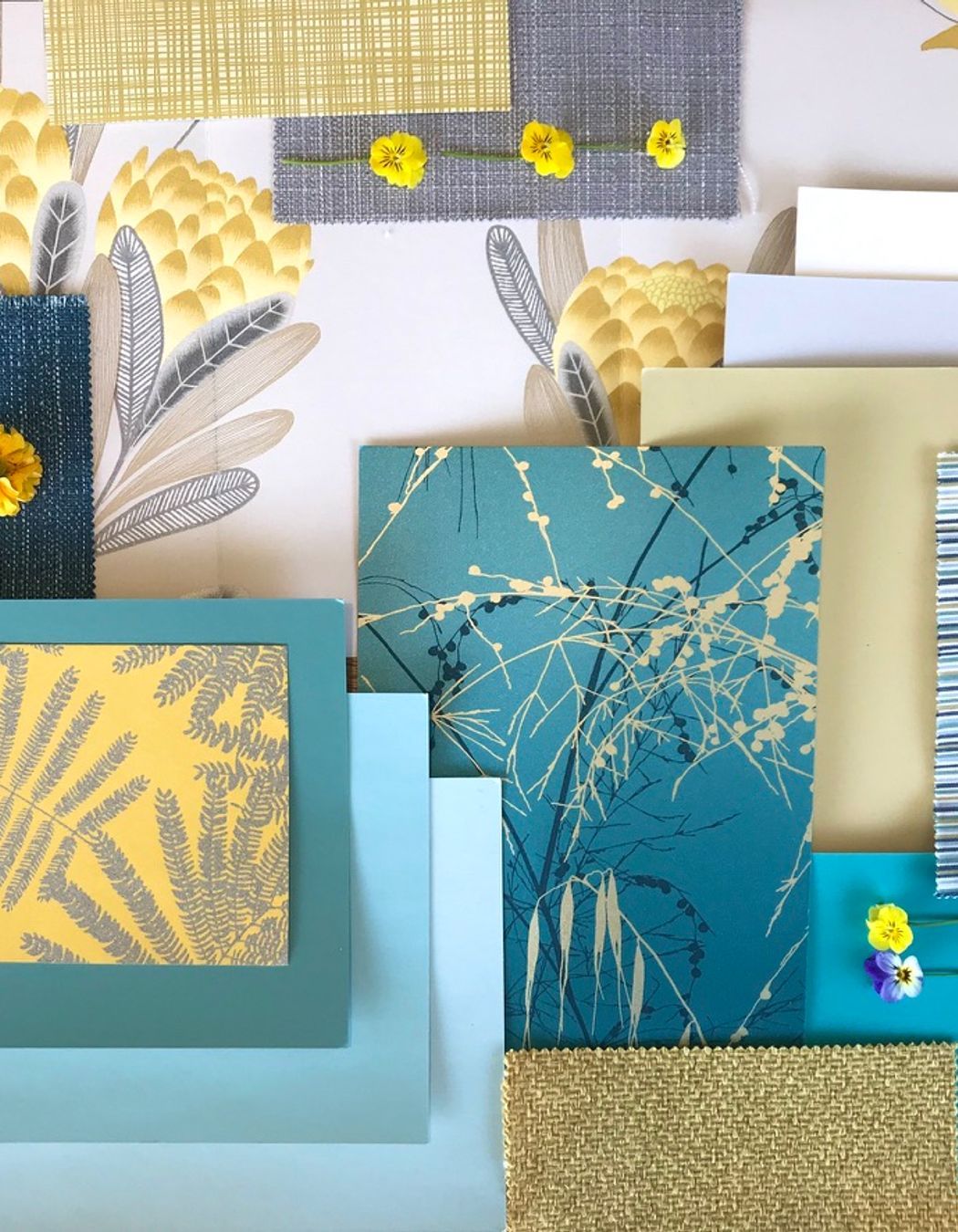 Flat-lay for Trinity Cottage. Fresh cool tones and botanicals are right at home in the sweet turn of the century cottage.