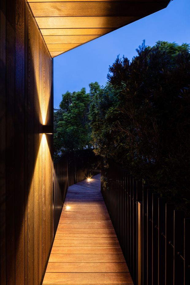 A narrow timber-clad outdoor walkway or elevated deck photographed at dusk. Warm recessed and wall-mounted lighting illuminates the timber wall, soffit, and plank flooring, while dark vertical metal screening and dense planting line the path. The strong perspective and deep blue sky create a dramatic, sheltered architectural passage.