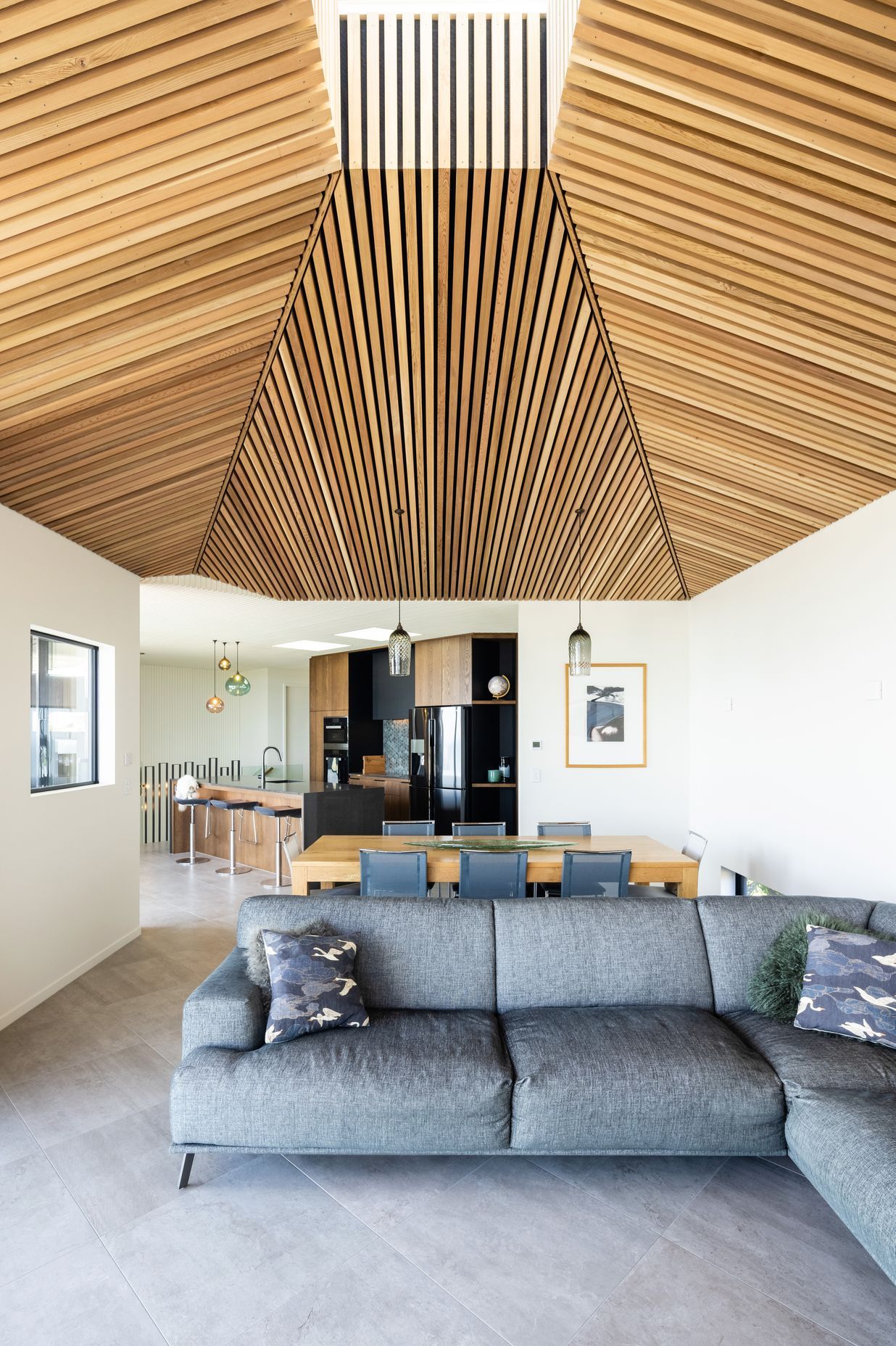 Looking back from the living space to the open-plan kitchen.