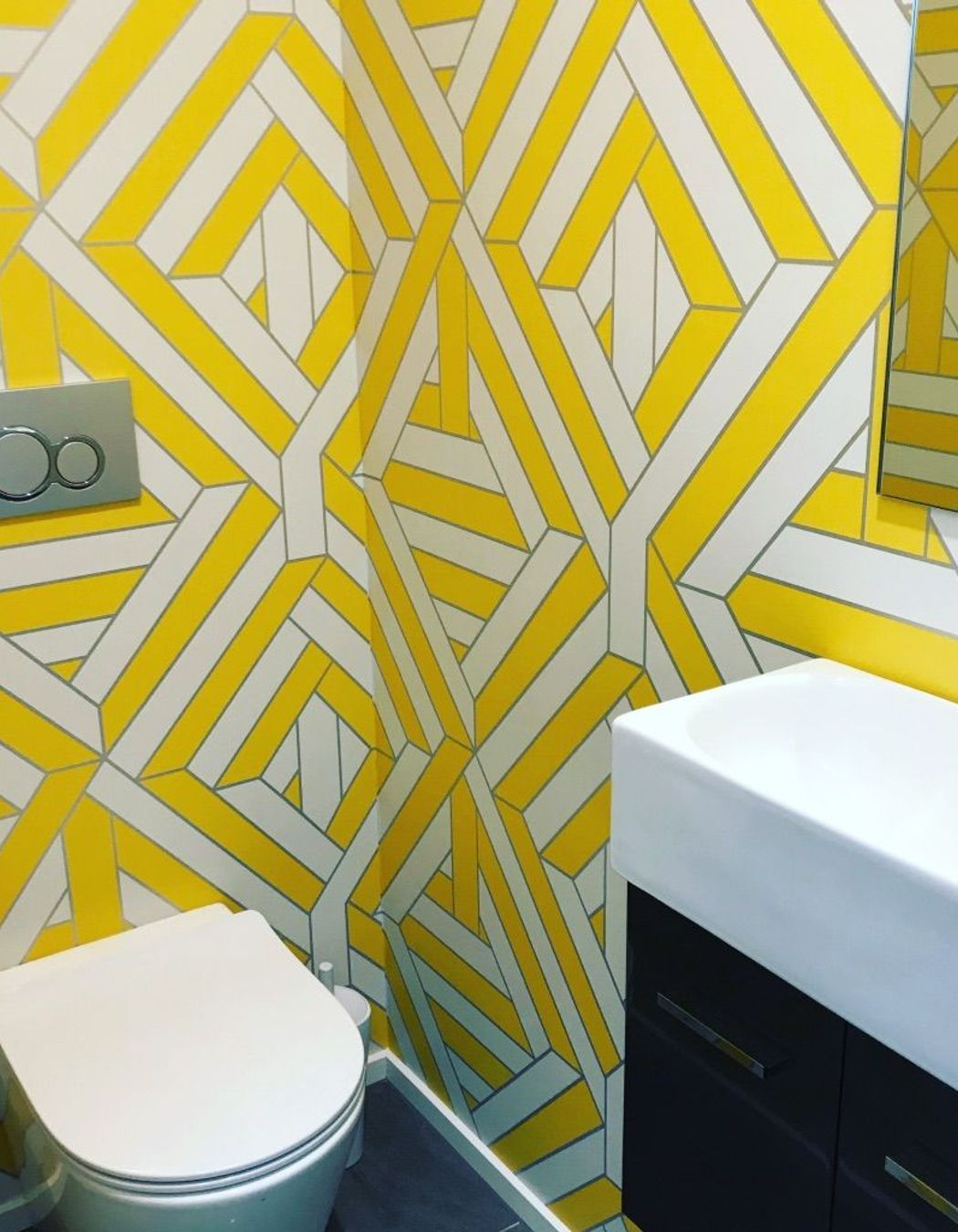 A very funky WC... the French geometric wallpaper on all four walls really packs a punch in this St Albans new build.!