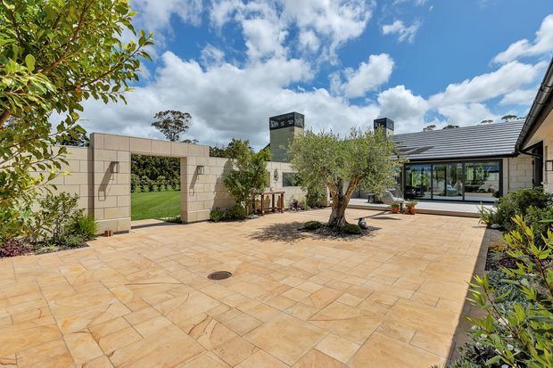 A spacious landscaped courtyard paved in warm tan stone, framed by light masonry walls and a low modern building with dark tiled roofing and expansive glazed doors. An olive tree forms the centrepiece, with a lawn and planted garden visible through a large masonry opening. The scene is bright and open under a partly cloudy sky.