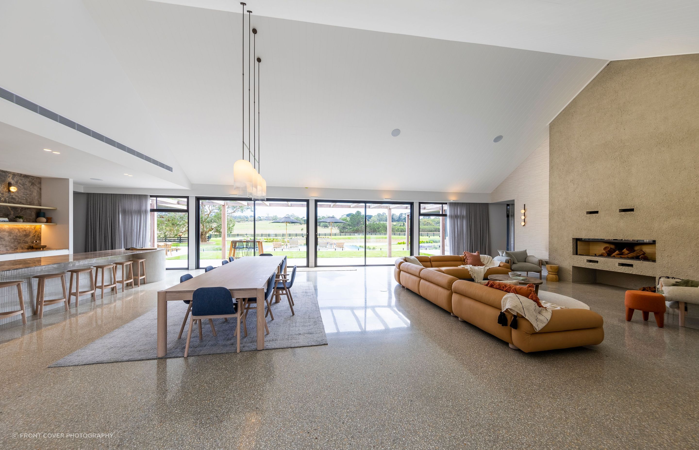 At Merricks Farmhouse, open planned living effortlessly combines modern design and spaciousness, creating a versatile and inviting space for seamless living
