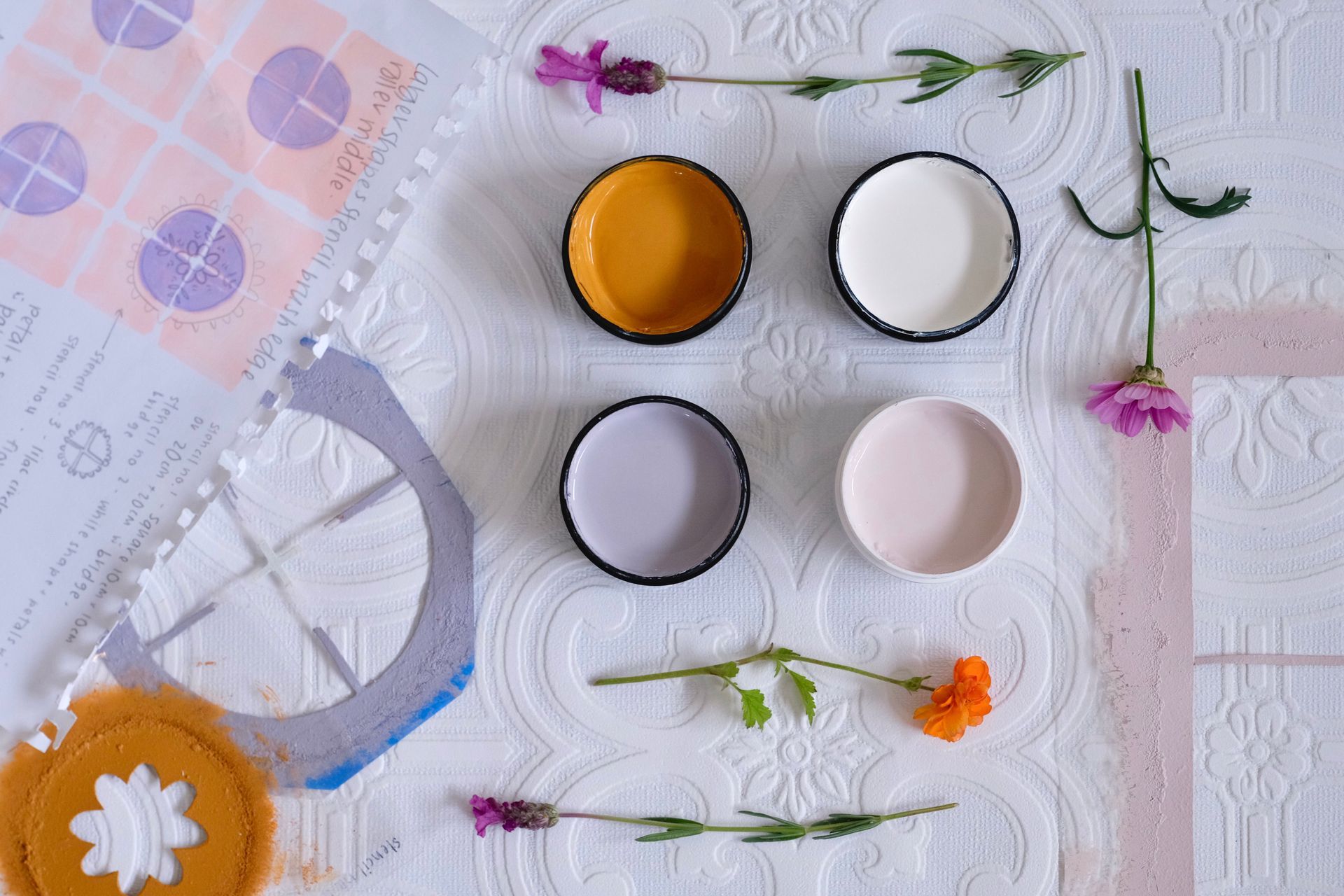 Flat-lay for a stencilled tile project - a colab with artist Samantha Elise Studio.