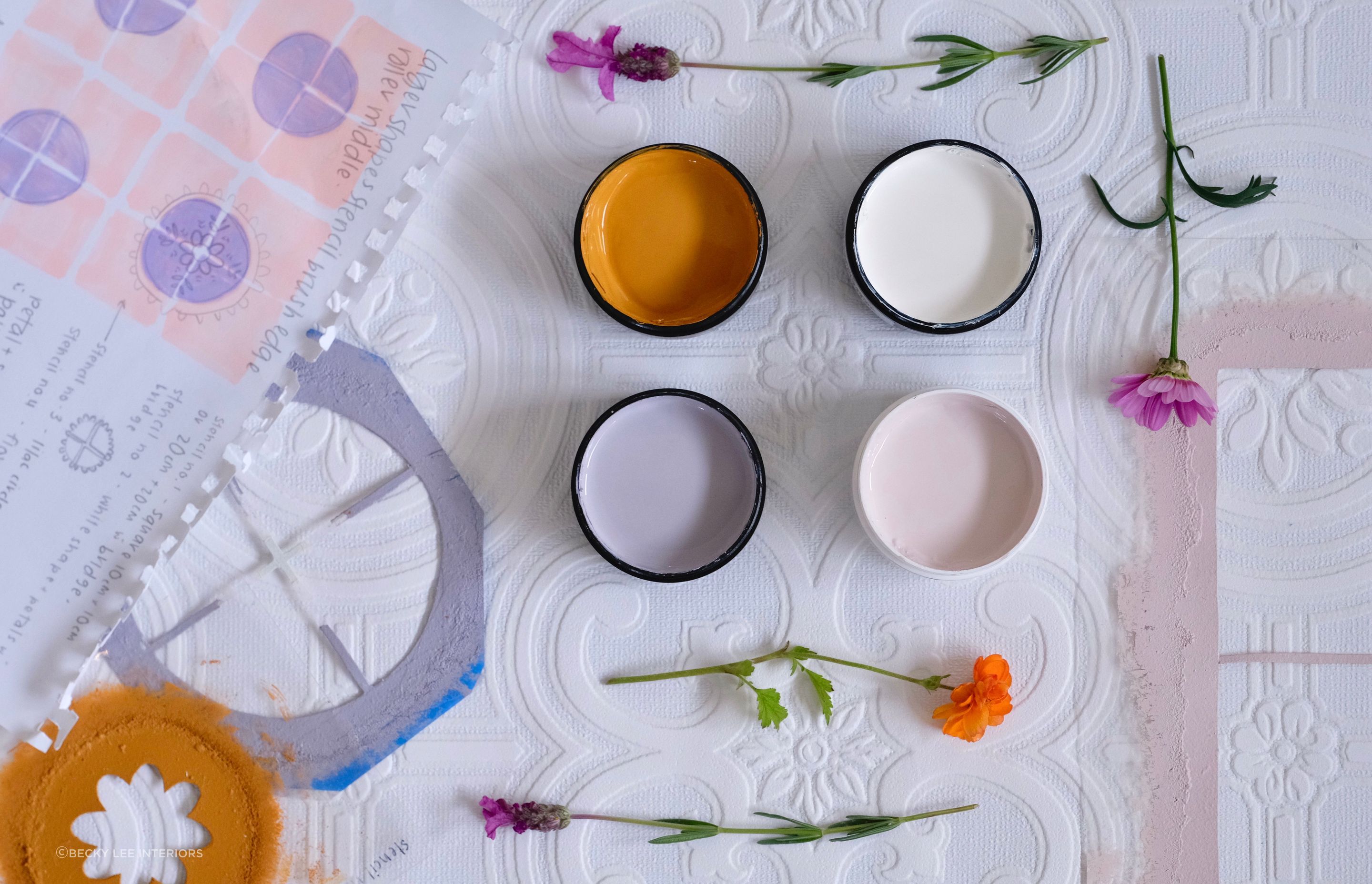 Flat-lay for a stencilled tile project - a colab with artist Samantha Elise Studio.