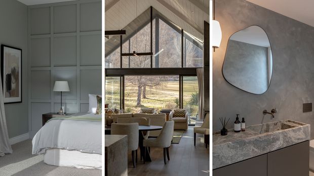 A three-panel collage showing refined residential interiors: a grey-toned bedroom with decorative wall panelling, a high-ceilinged open-plan living and dining space with extensive glazing overlooking trees, and a contemporary bathroom with a sculptural mirror and veined stone vanity.