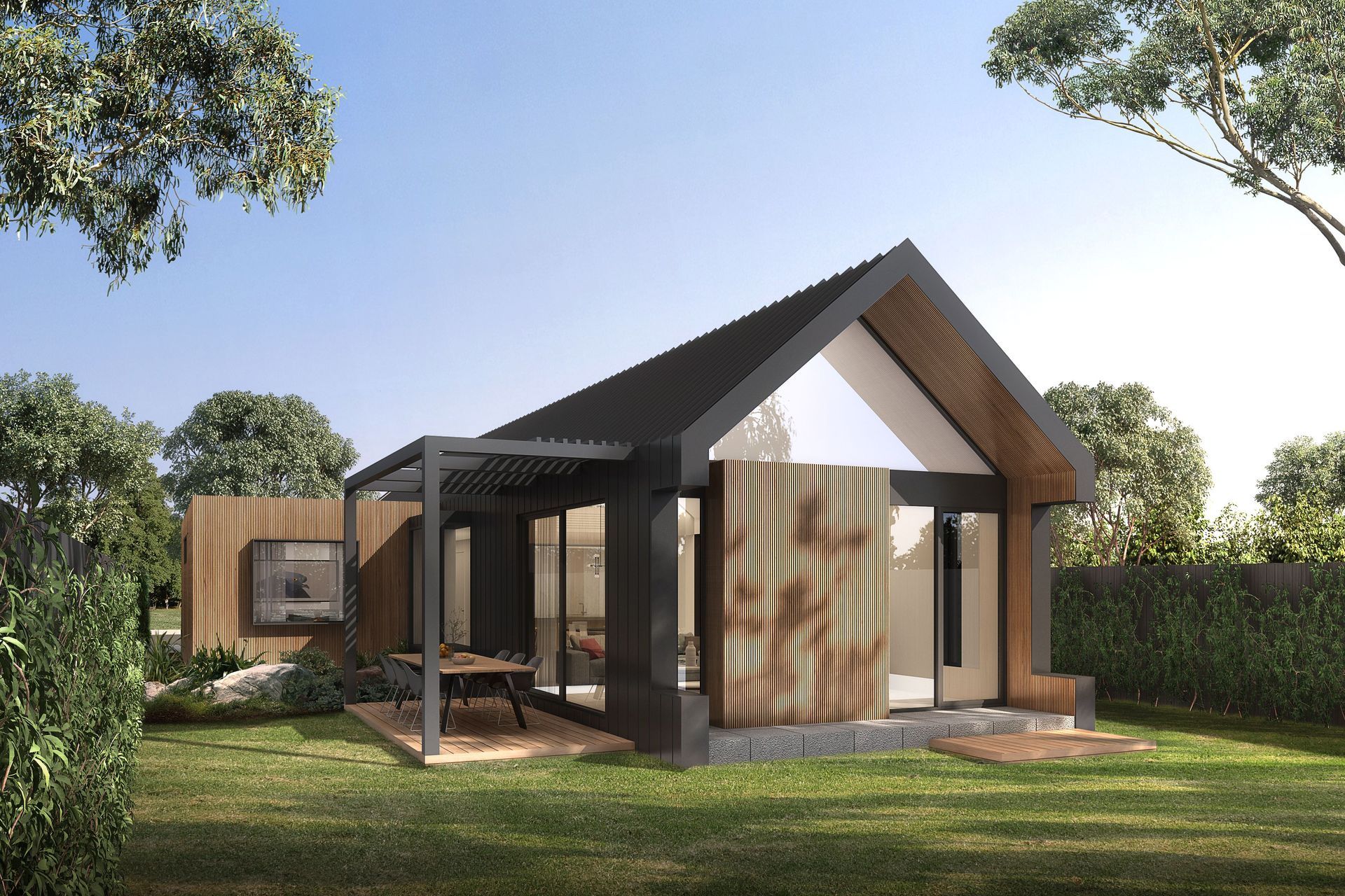 Interiors spill out into the backyard via raised decking, where afternoons can be spent in dappled sunlight beneath timber awnings, and balmy evenings can be enjoyed dining and entertaining outdoors.