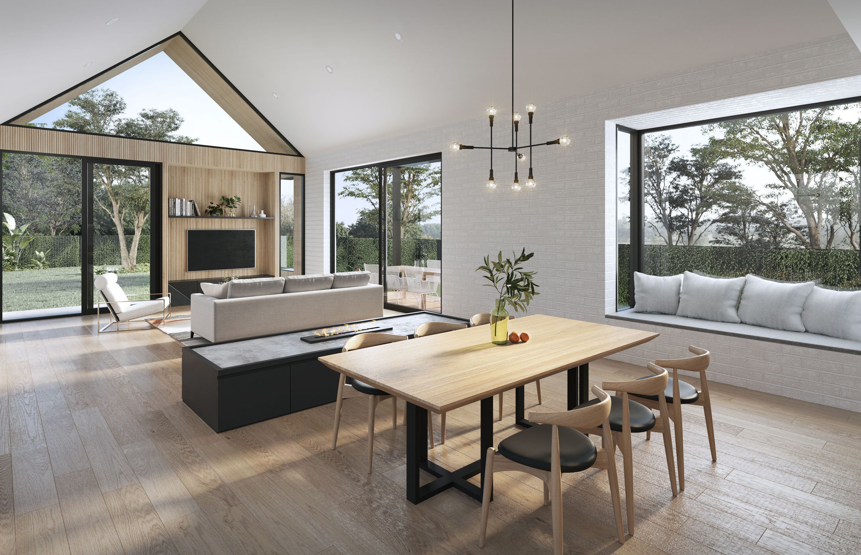 A pitched ceiling and large double-glazed windows bathe the room in natural light and evoke a sense of boundless space. A room that can be adapted to the tastes and style of the owner, the design is open plan and flexible, with natural, pared-back materials and finishes.