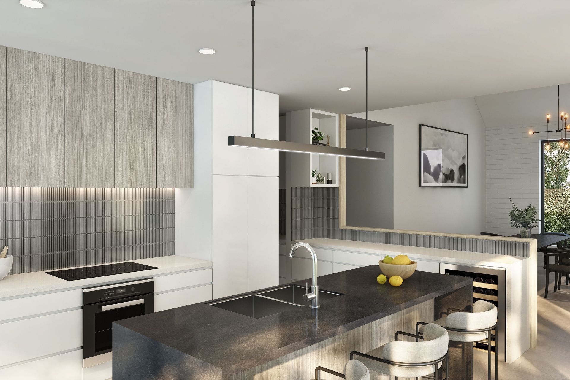 Kitchen and dining are seamlessly linked through a stylish half wall, creating a dual sense of separation and connection. Generous benchtops and premium European appliances provide the perfect setting for entertaining, while the expansive island bench becomes a focal point for daily living.