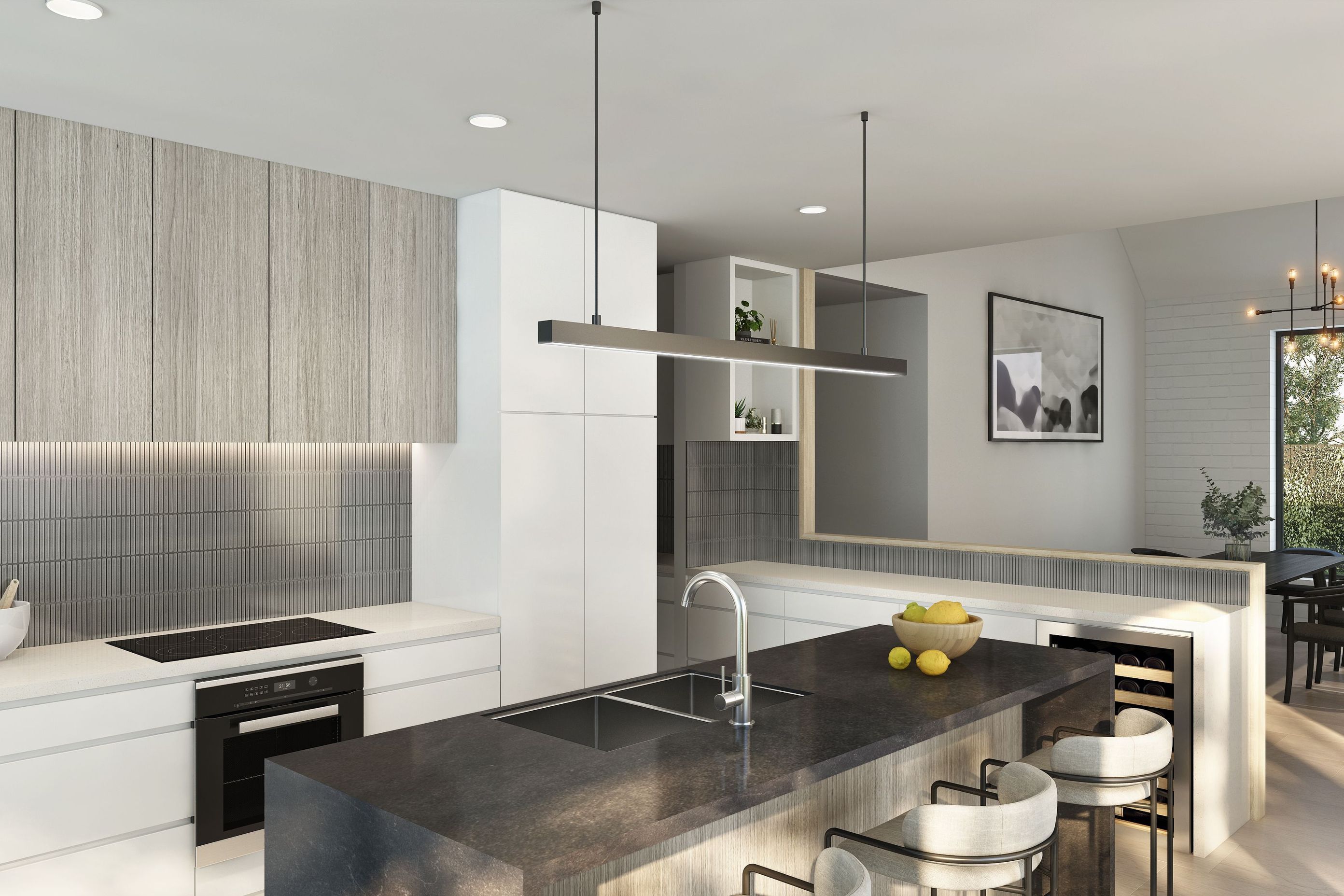 Kitchen and dining are seamlessly linked through a stylish half wall, creating a dual sense of separation and connection. Generous benchtops and premium European appliances provide the perfect setting for entertaining, while the expansive island bench becomes a focal point for daily living.