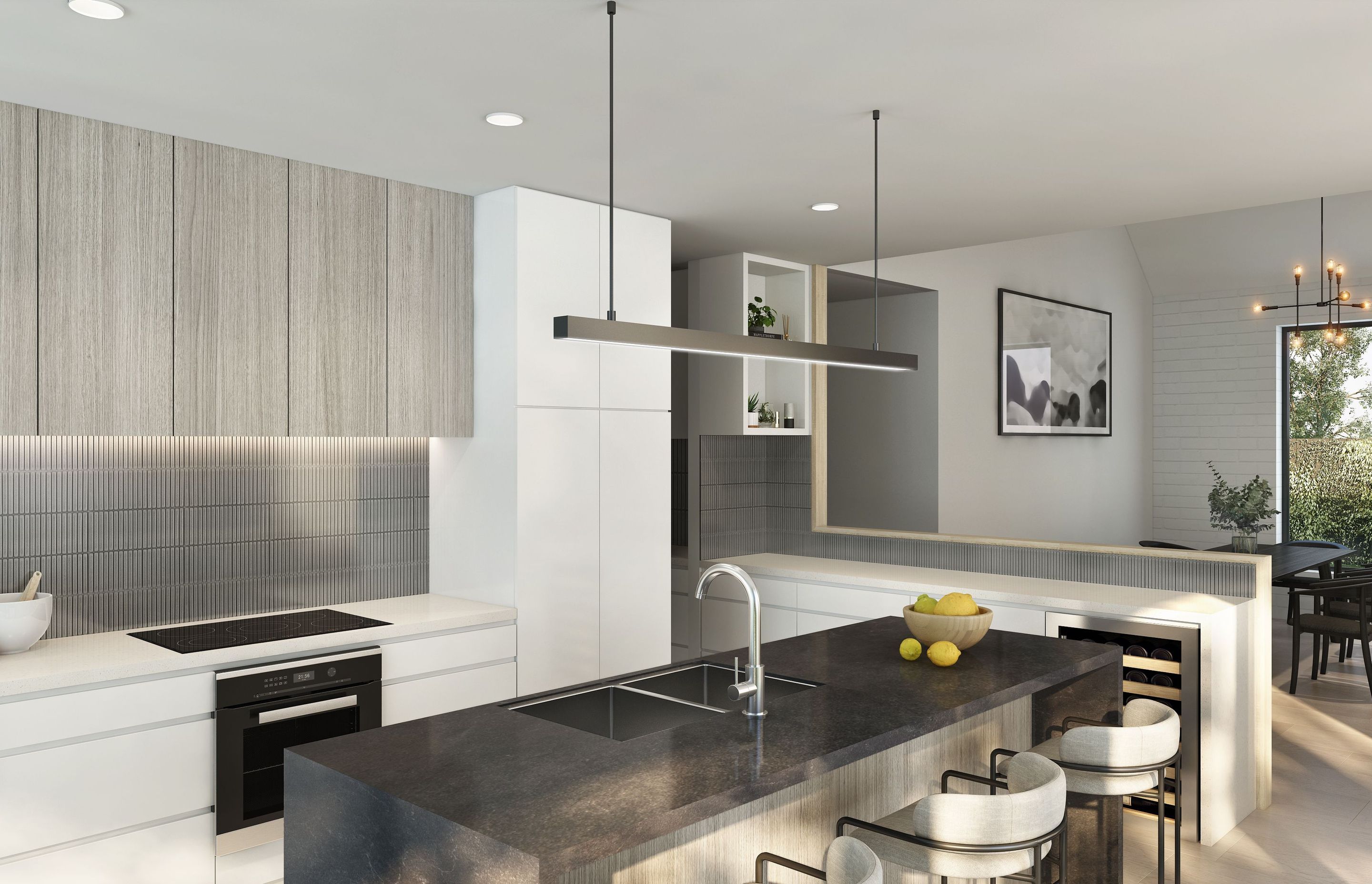 Kitchen and dining are seamlessly linked through a stylish half wall, creating a dual sense of separation and connection. Generous benchtops and premium European appliances provide the perfect setting for entertaining, while the expansive island bench becomes a focal point for daily living.